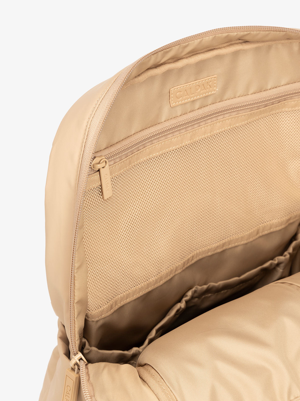 CALPAK Luka Laptop puffy Backpack for work with mesh pocket interior in latte; BPL2001-LATTE