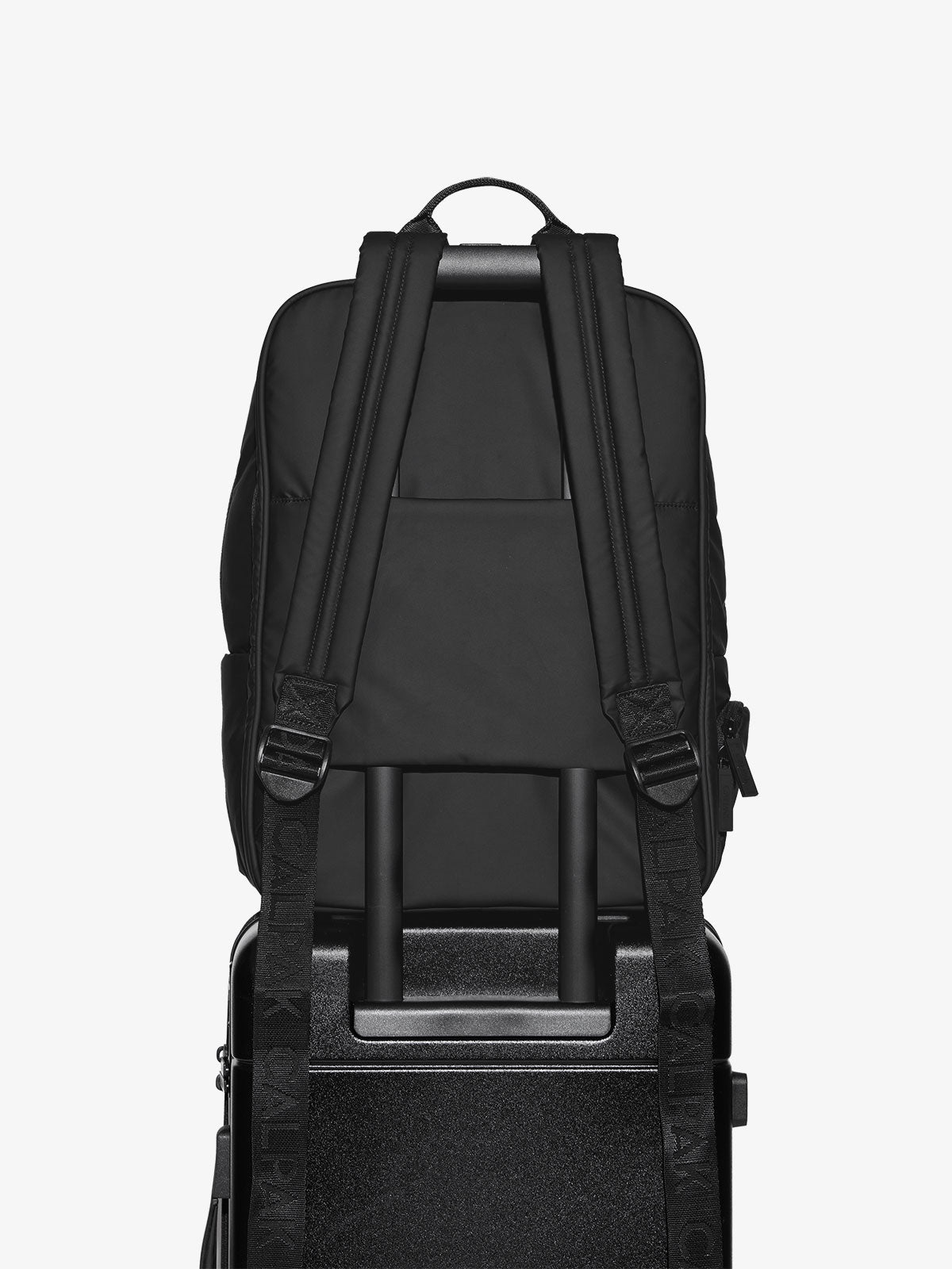 CALPAK laptop backpack for 17 inch laptop with adjustable shoulder straps and trolley pass through with hidden pocket in matte black; BPX2301-MATTE-BLACK