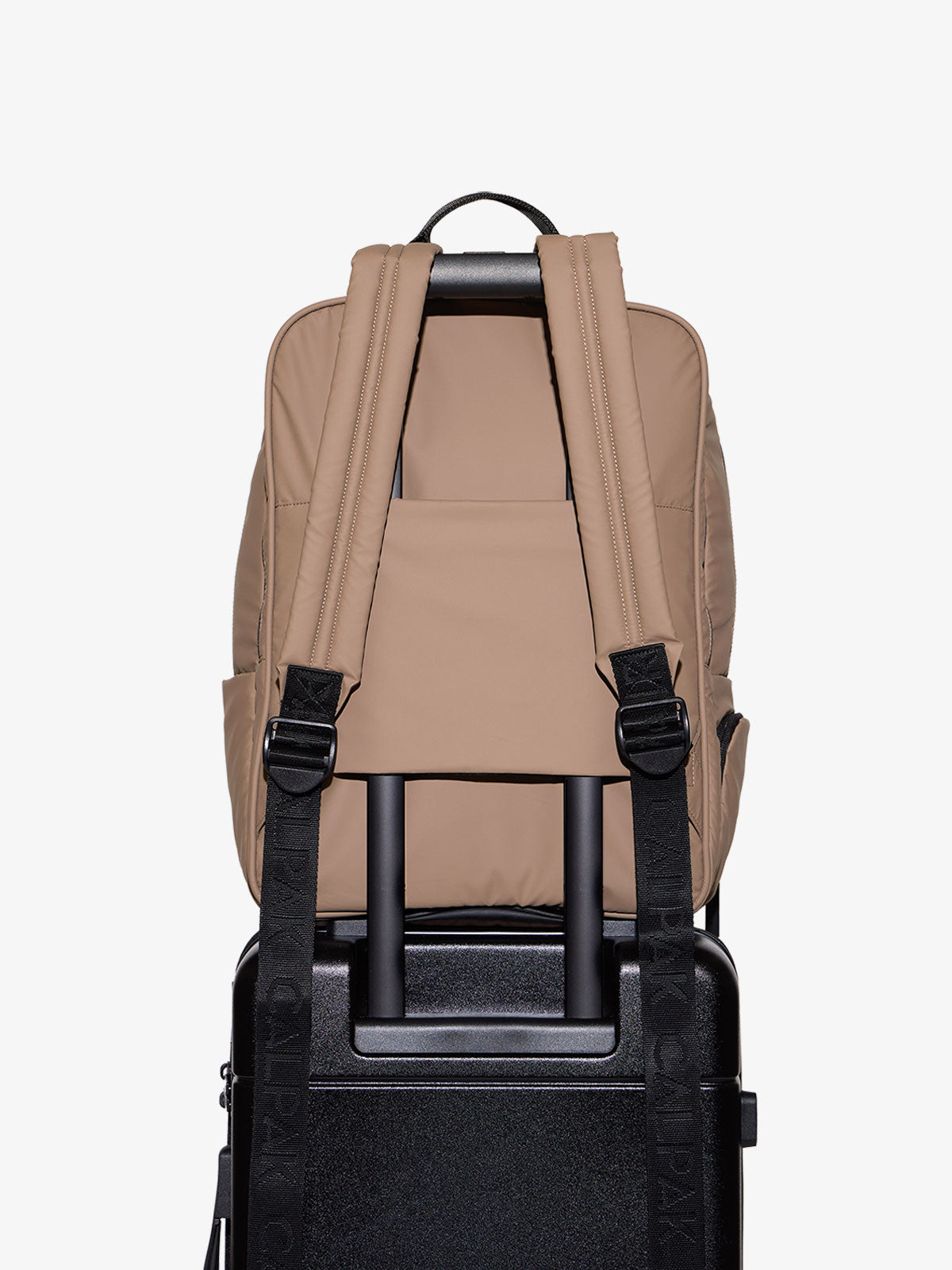 CALPAK laptop backpack for 17 inch laptop with adjustable shoulder straps and trolley pass through with hidden pocket in brown; BPX2301-CHOCOLATE