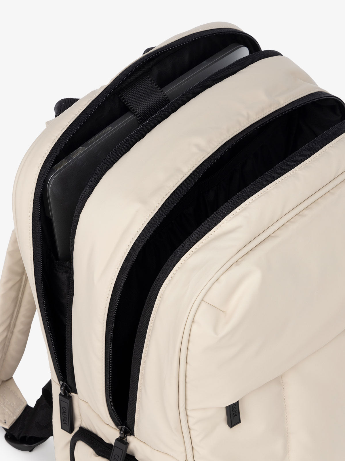 Luka 17 inch Laptop Back with multiple pockets including padded laptop sleeve for 17.5" laptop in beige; BPX2301-OATMEAL