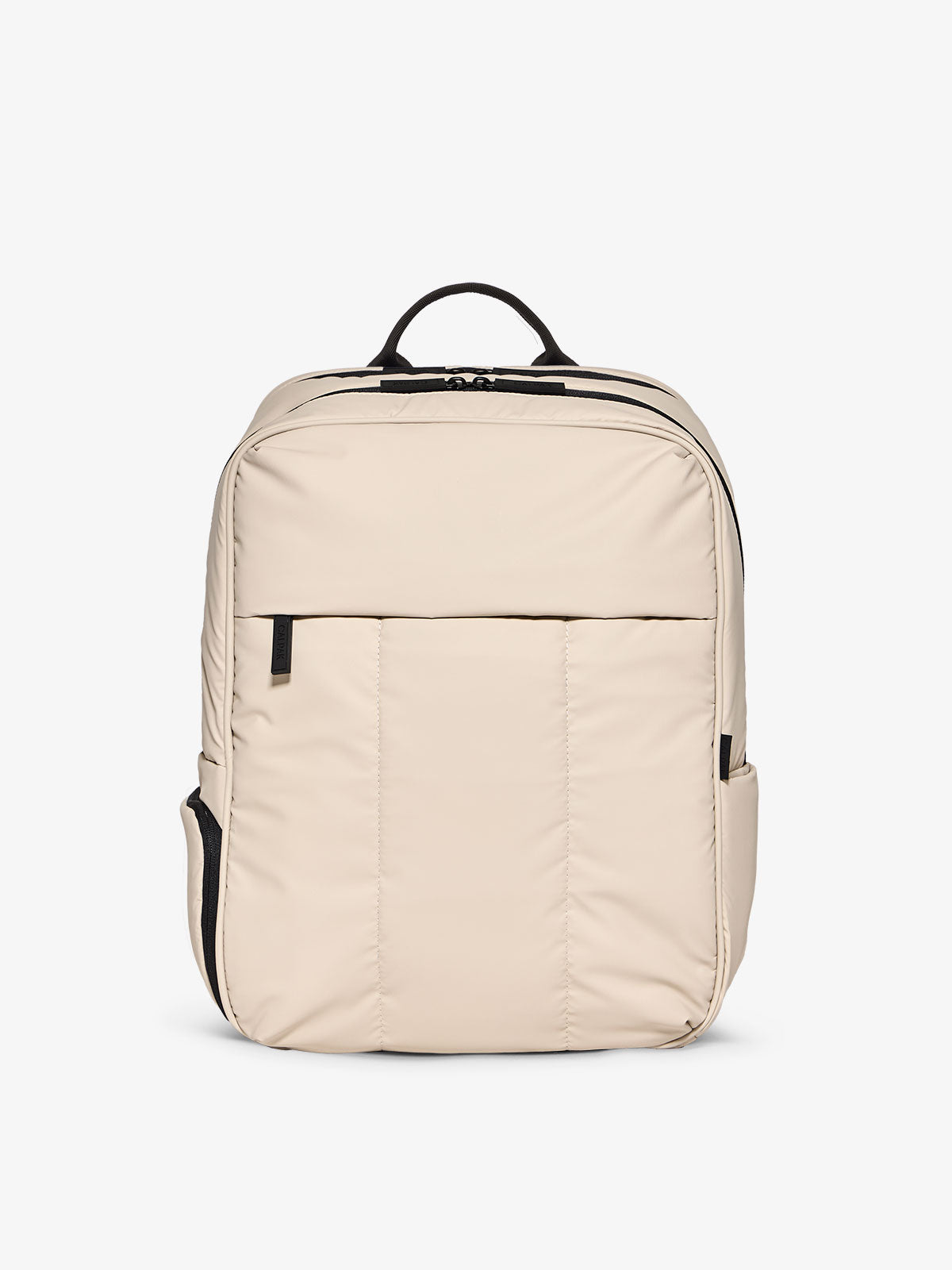 CALPAK Luka 17 inch Laptop Backpack featuring soft, puffy exterior and water resistant lining in oatmeal; BPX2301-OATMEAL