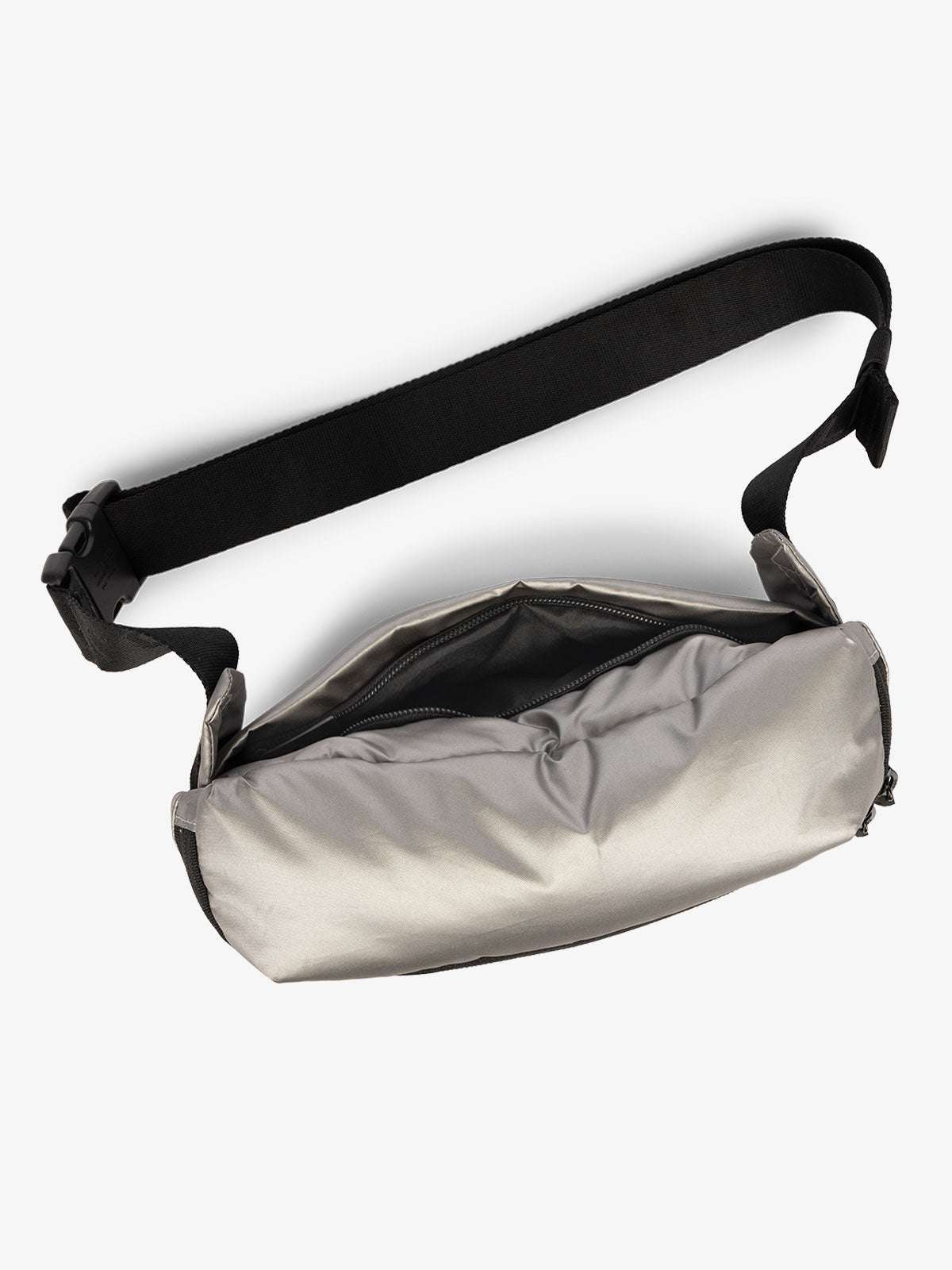 CALPAK Luka Belt Bag with adjustable strap and hidden back pocket in metallic silver gunmetal; BB1901-GUNMETAL