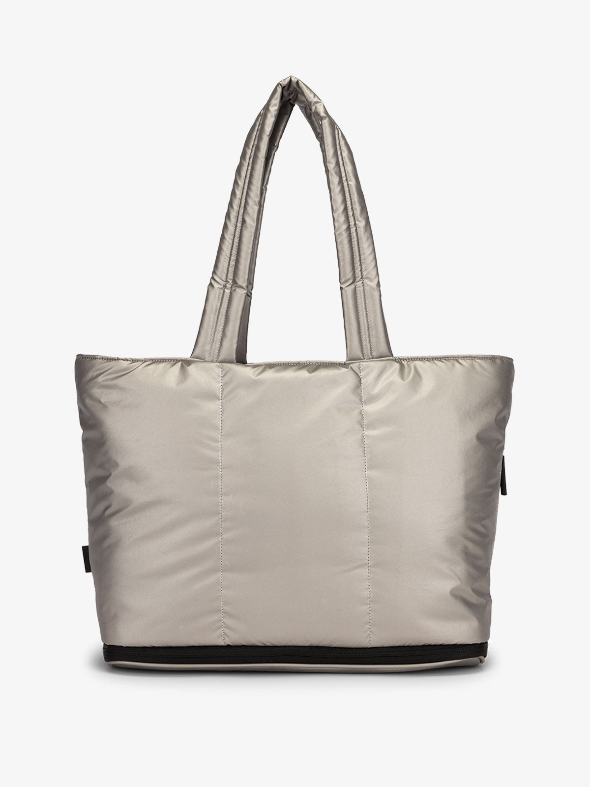 CALPAK Luka expandable tote bag with laptop compartment and padded straps in silver; ALT2201-GUNMETAL