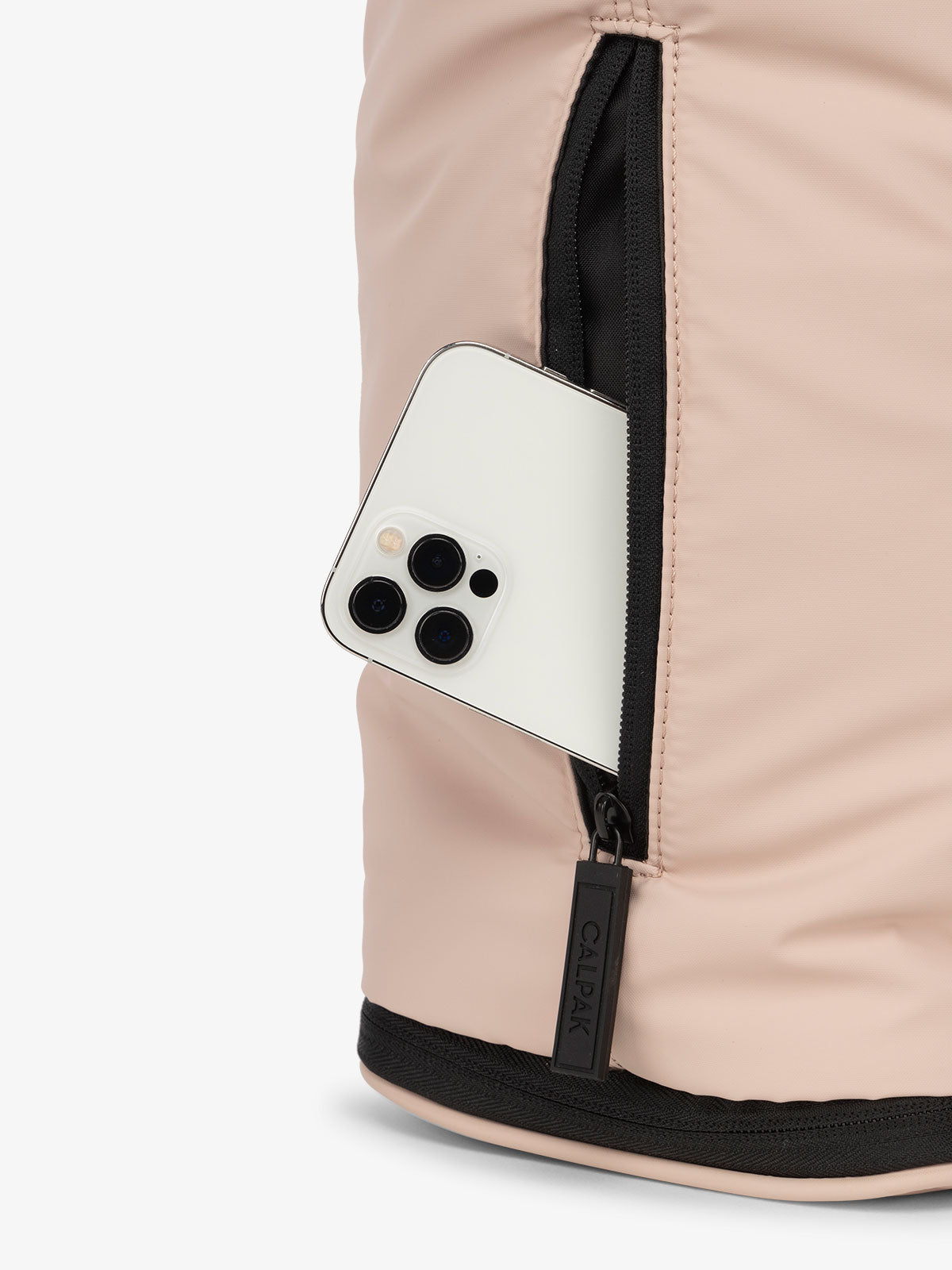 CALPAK Luka expandable laptop bag with hidden zippered pockets in rose quartz; ALT2201-ROSE-QUARTZ 