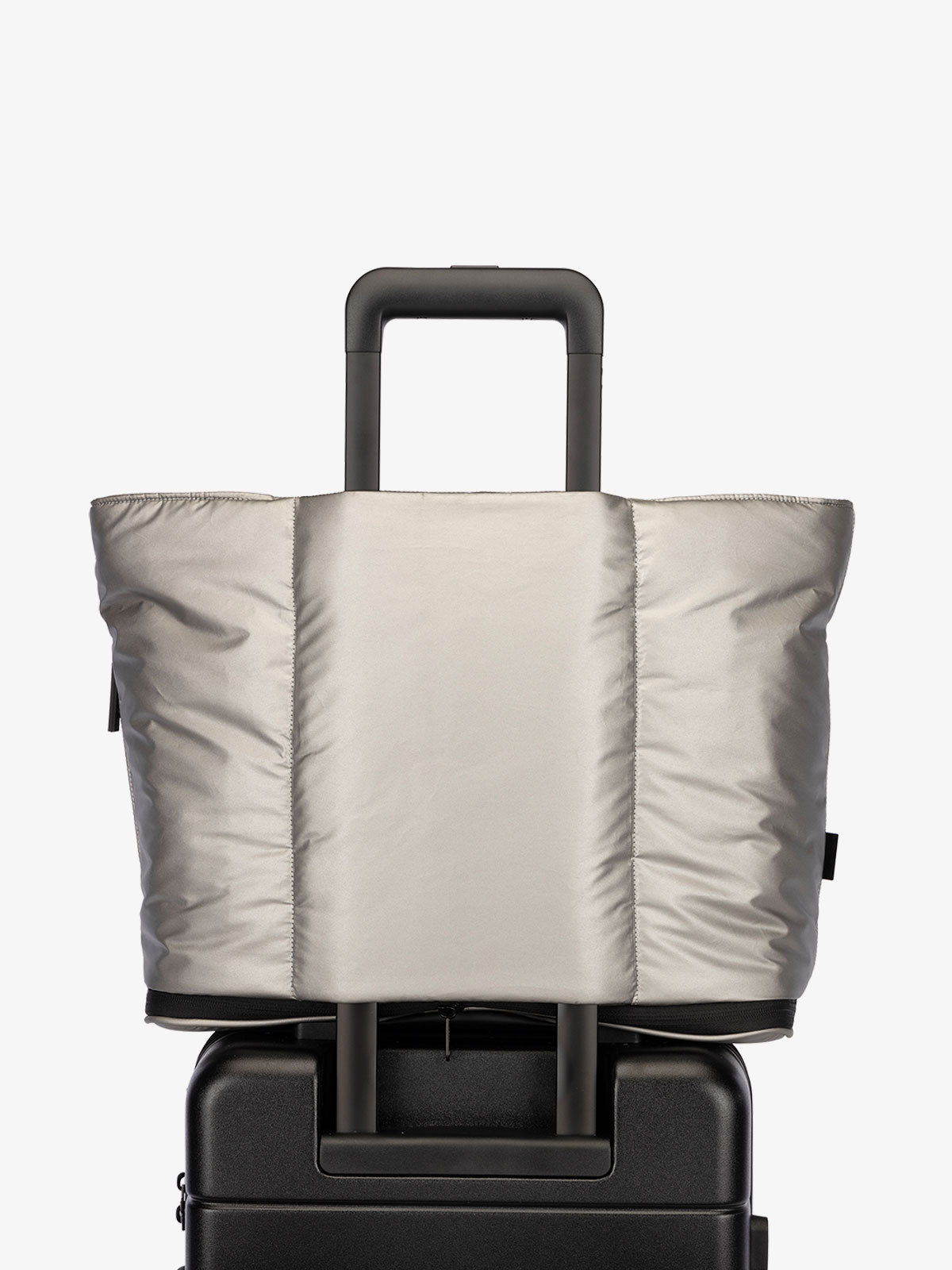 CALPAK Luka expandable travel bag with laptop compartment and trolley sleeve in metallic silver; ALT2201-GUNMETAL