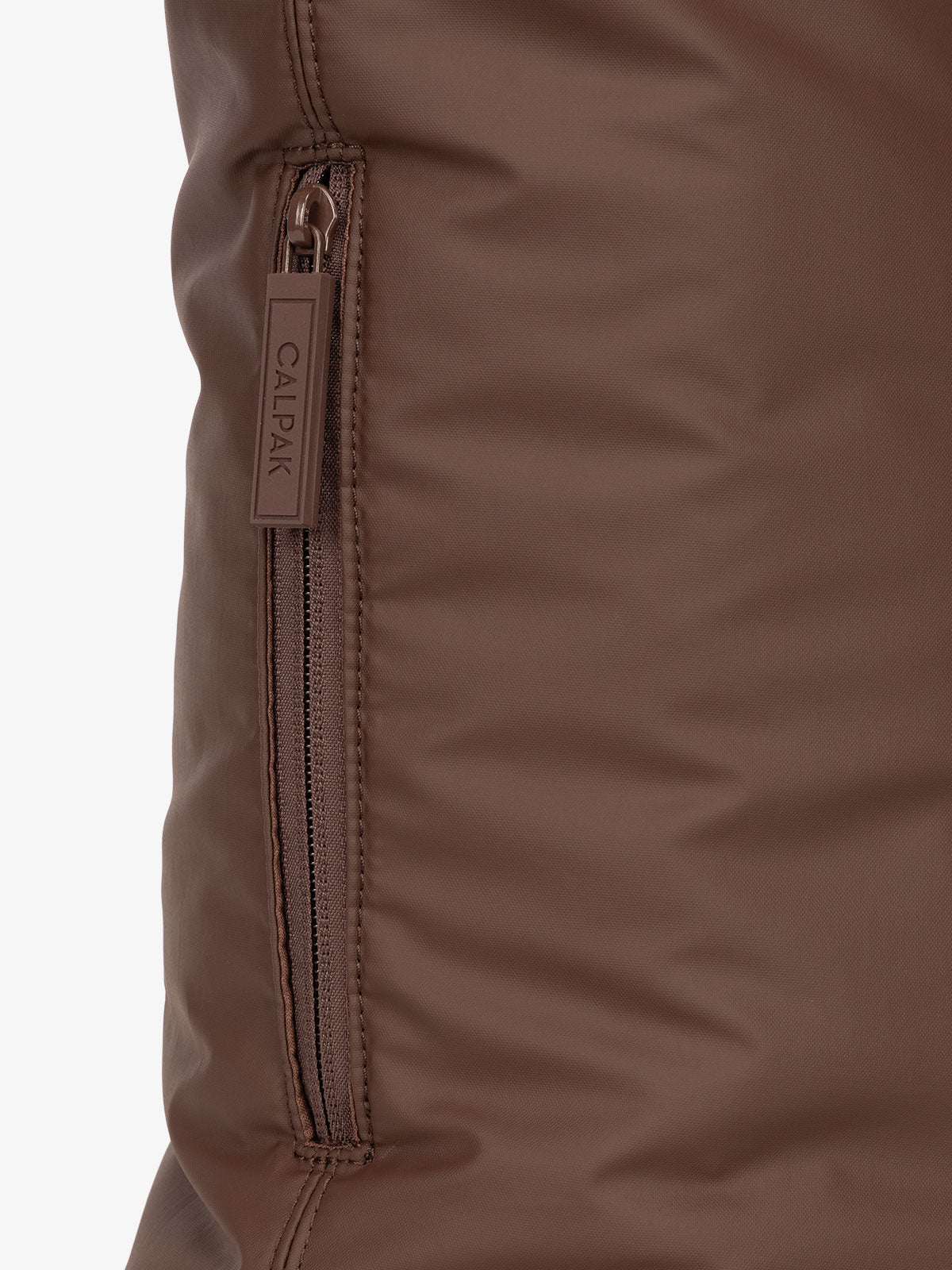 CALPAK Luka expandable laptop bag with hidden zippered pockets in dark brown; ALT2201-WALNUT