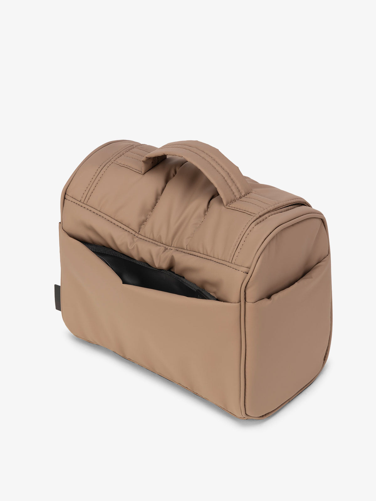 Brown CALPAK Luka Hanging Toiletry Bag featuring additional secure zippered back pocket; TLH2301-CHOCOLATE