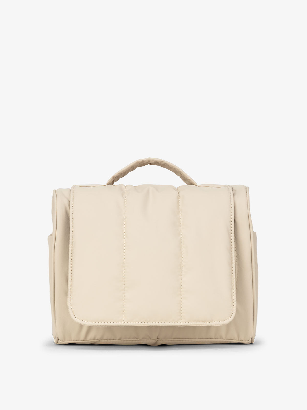 CALPAK Luka Hanging Toiletry Bag with carrying handle in beige oatmeal; TLH2301-OATMEAL