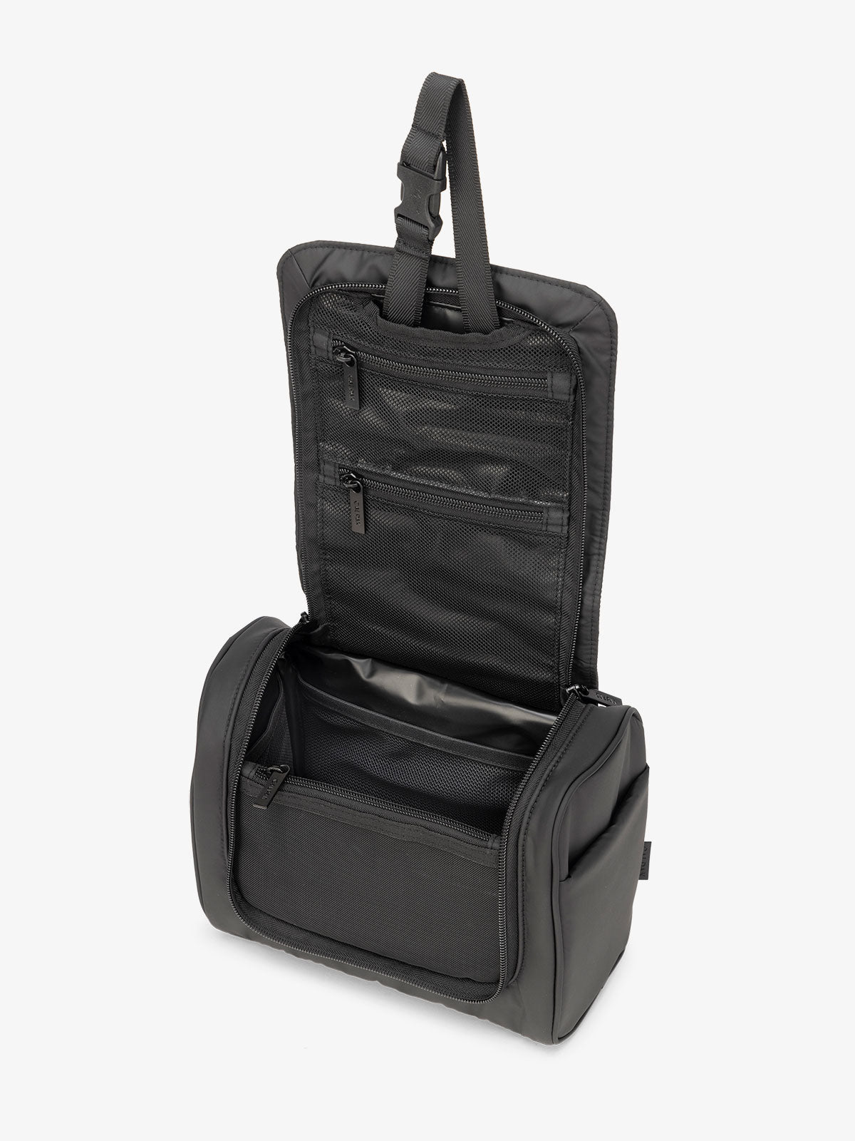 Luka Hanging Toiletry Bag with multiple interior pockets and retractable hanging strap in matte black; TLH2301-MATTE-BLACK