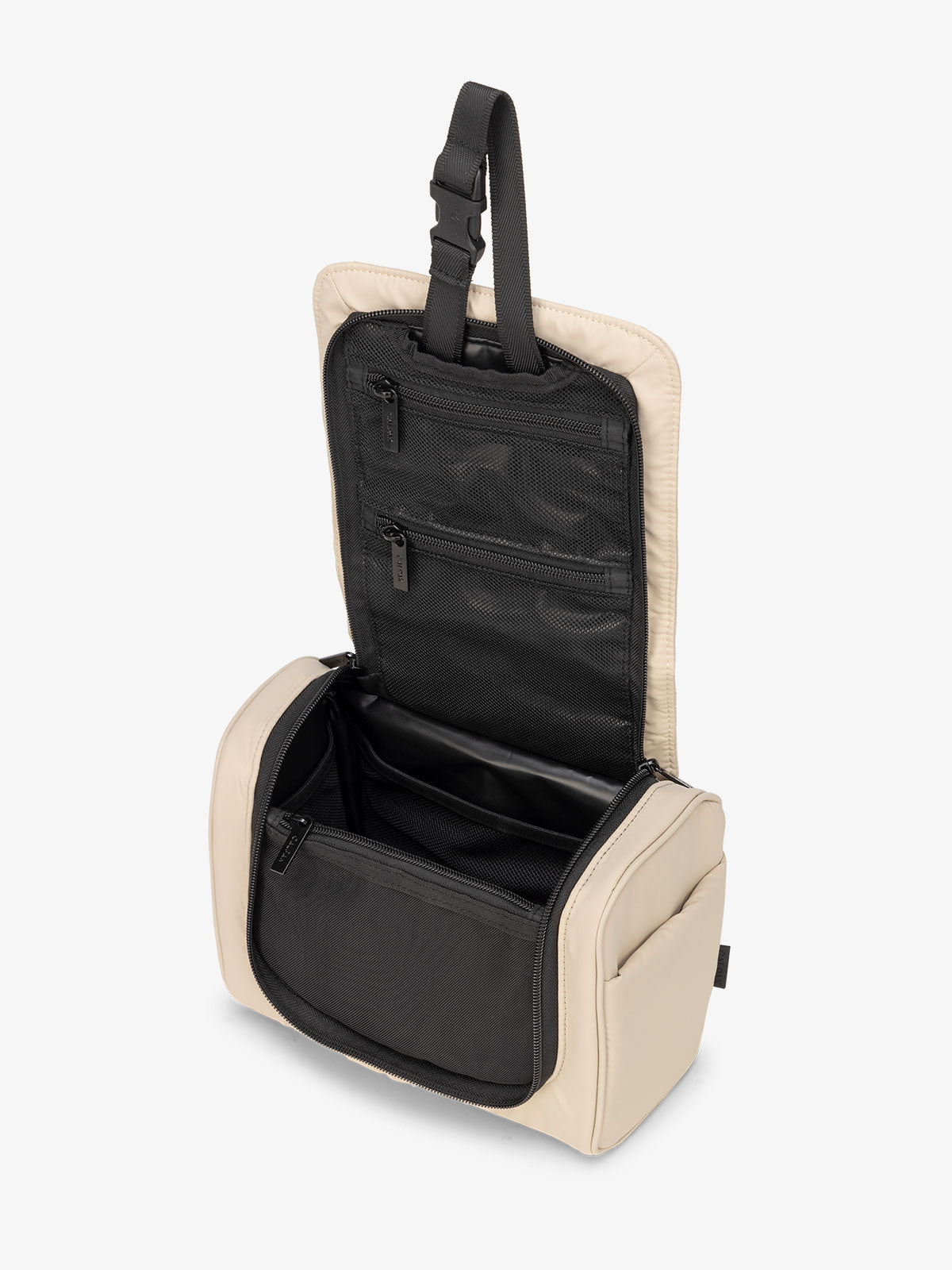 Luka Hanging Toiletry Bag with multiple interior pockets and retractable hanging strap in beige oatmeal; TLH2301-OATMEAL
