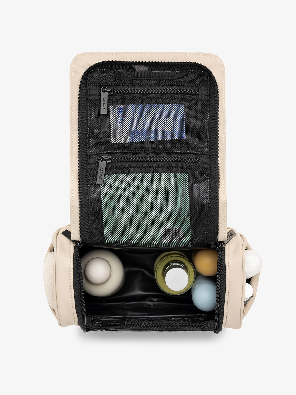 luka hanging toiletry bag with multiple interior and exterior pockets and compartments in beige; TLH2301-OATMEAL