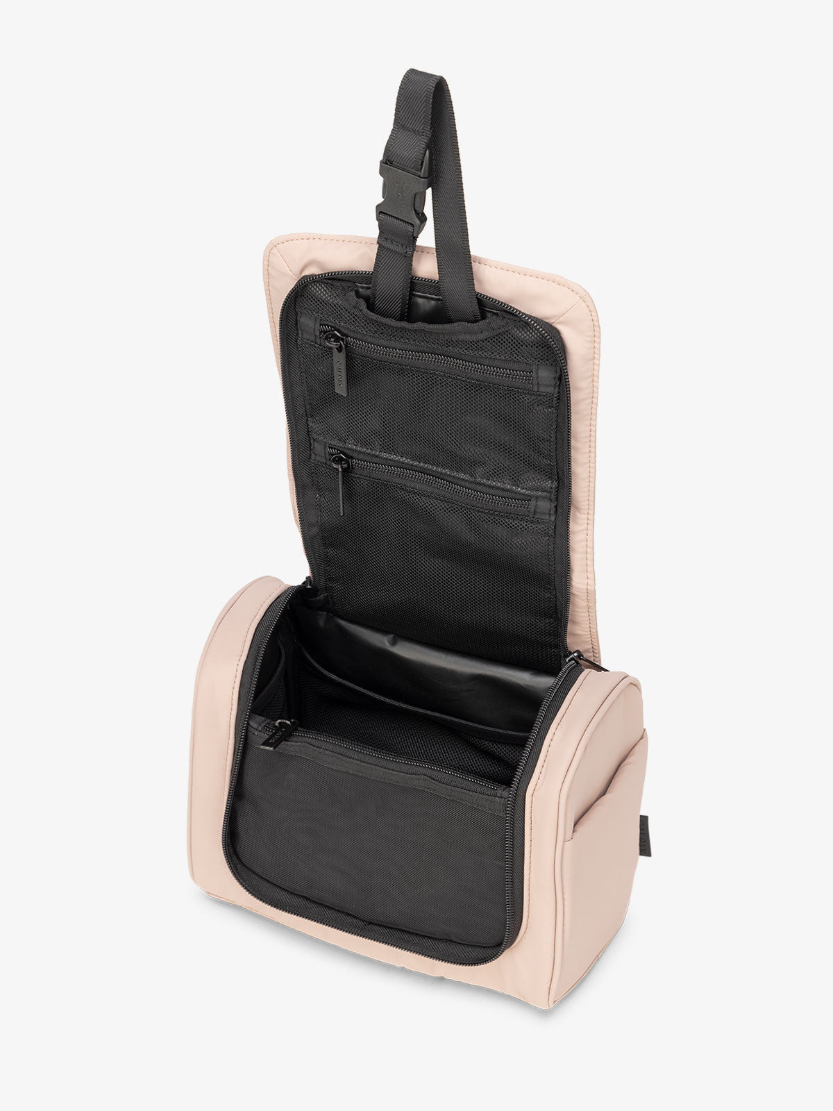Luka Hanging Toiletry Bag with multiple interior pockets and retractable hanging strap in rose quartz pink; TLH2301-ROSE-QUARTZ