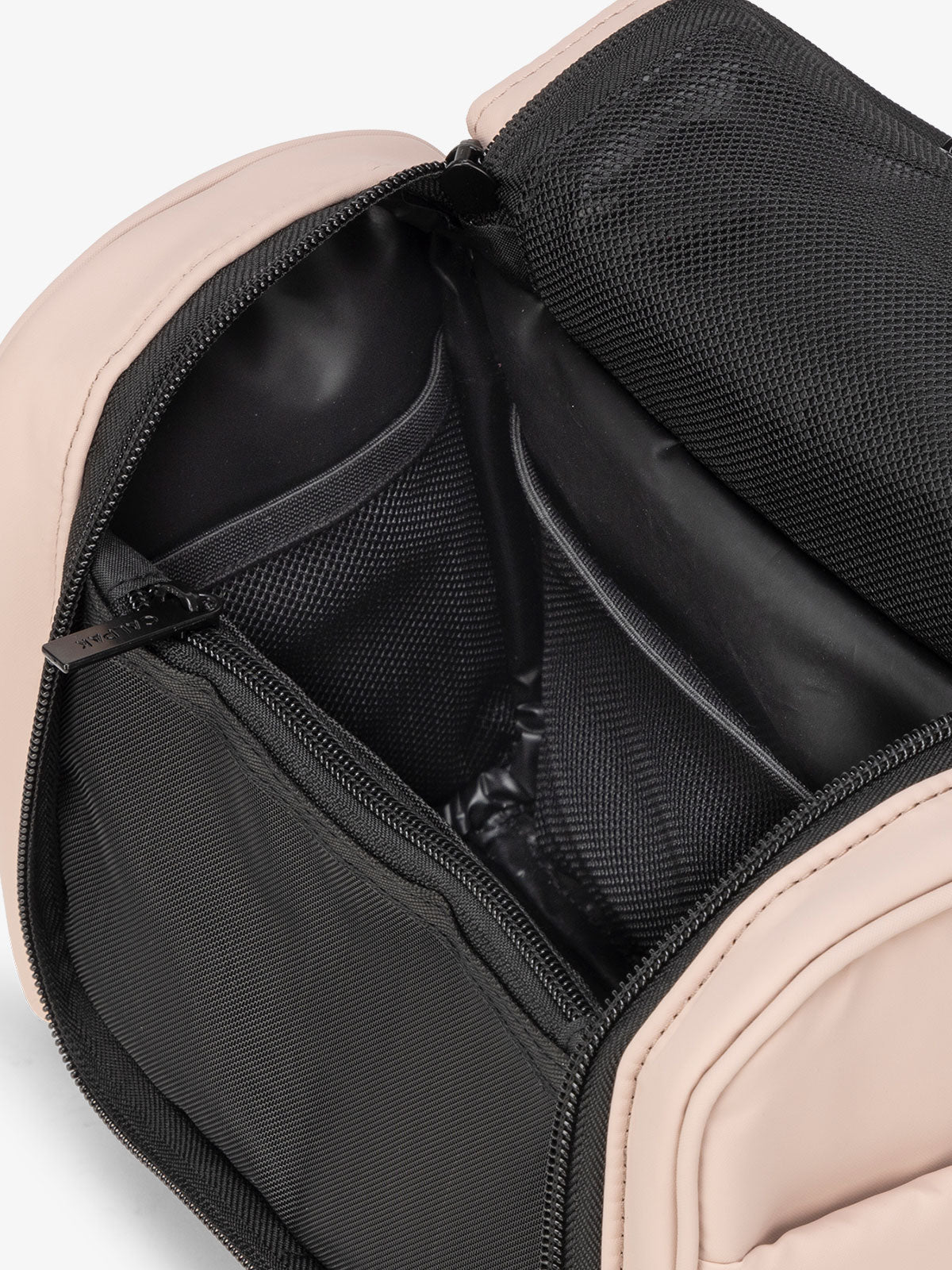 CALPAK Luka Hanging Toiletry Bag with water-resistant lining and mesh pockets for toiletries and makeup in rose quartz pink; TLH2301-ROSE-QUARTZ