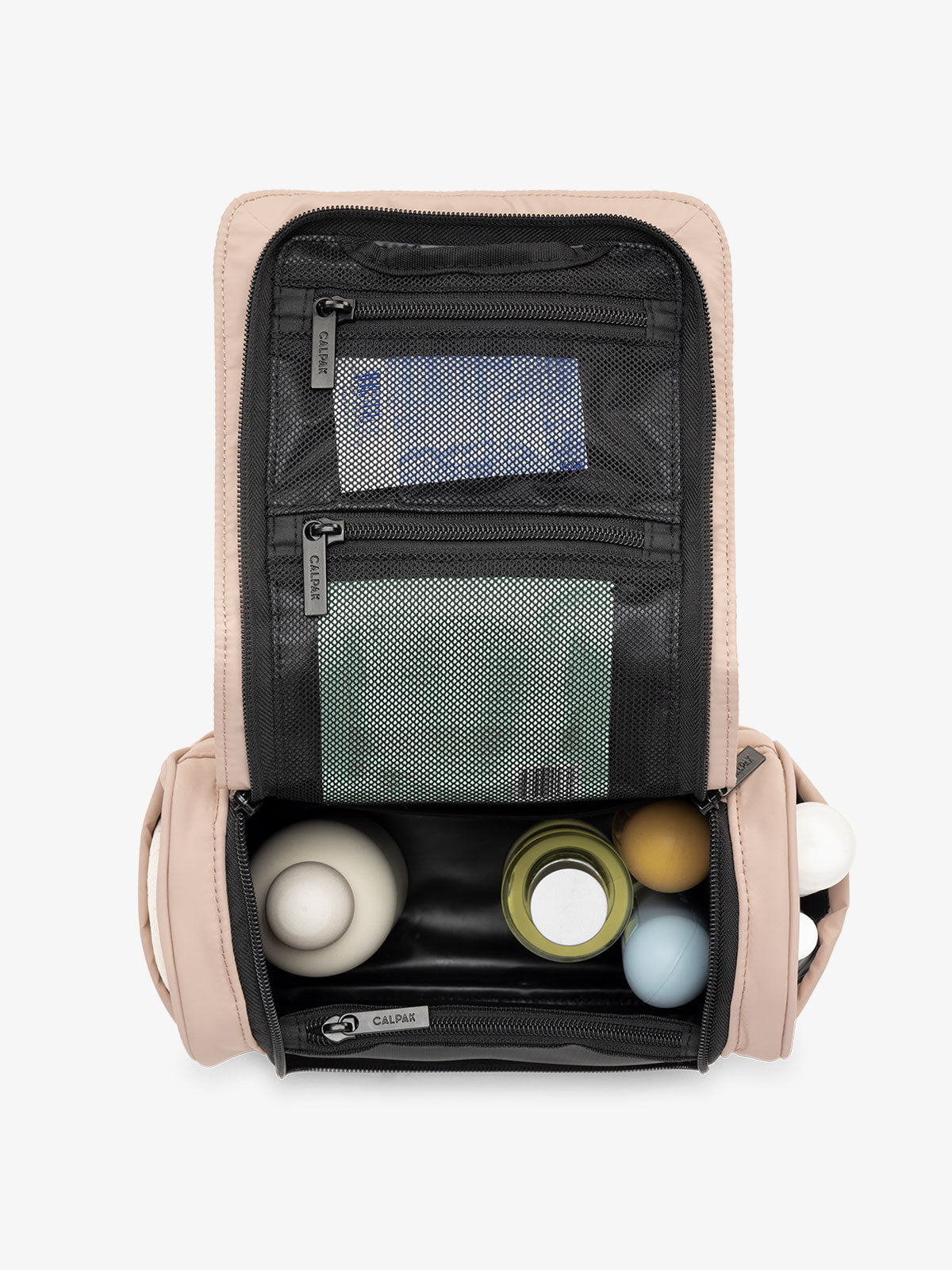 luka hanging toiletry bag with multiple interior and exterior pockets and compartments in light pink; TLH2301-ROSE-QUARTZ