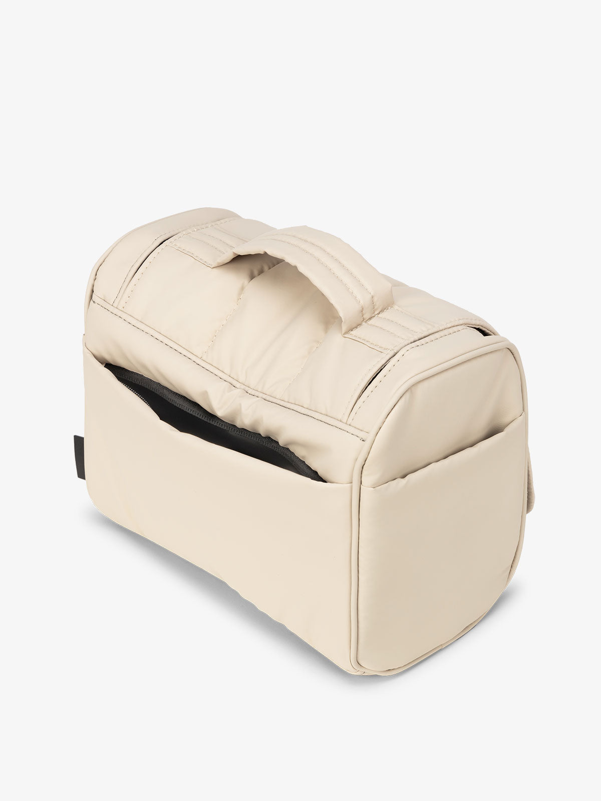 Oatmeal CALPAK Luka Hanging Toiletry Bag featuring additional secure zippered back pocket; TLH2301-OATMEAL