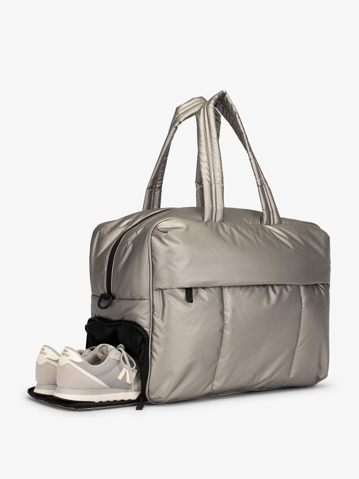 CALPAK Luka large duffel bag with side shoe compartment and dual handles in silver gunmetal; DLL2201-GUNMETAL