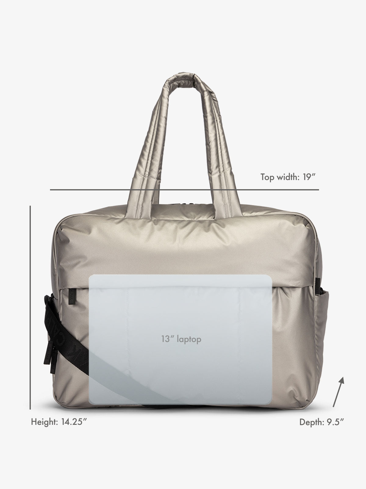 13" laptop overlay for size reference on CALPAK Luka Large Duffel in gunmetal gray; DLL2201-GUNMETAL