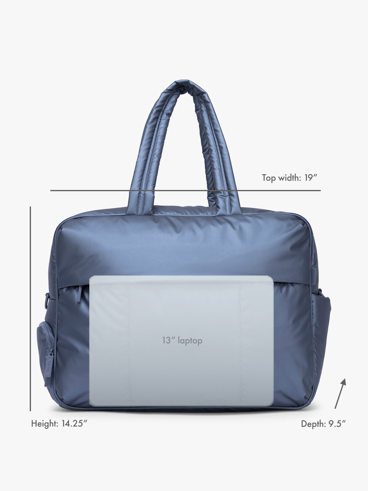 13" laptop overlay for size reference on CALPAK Luka Large Duffel in metallic indigo; DLL2201-METALLIC-INDIGO