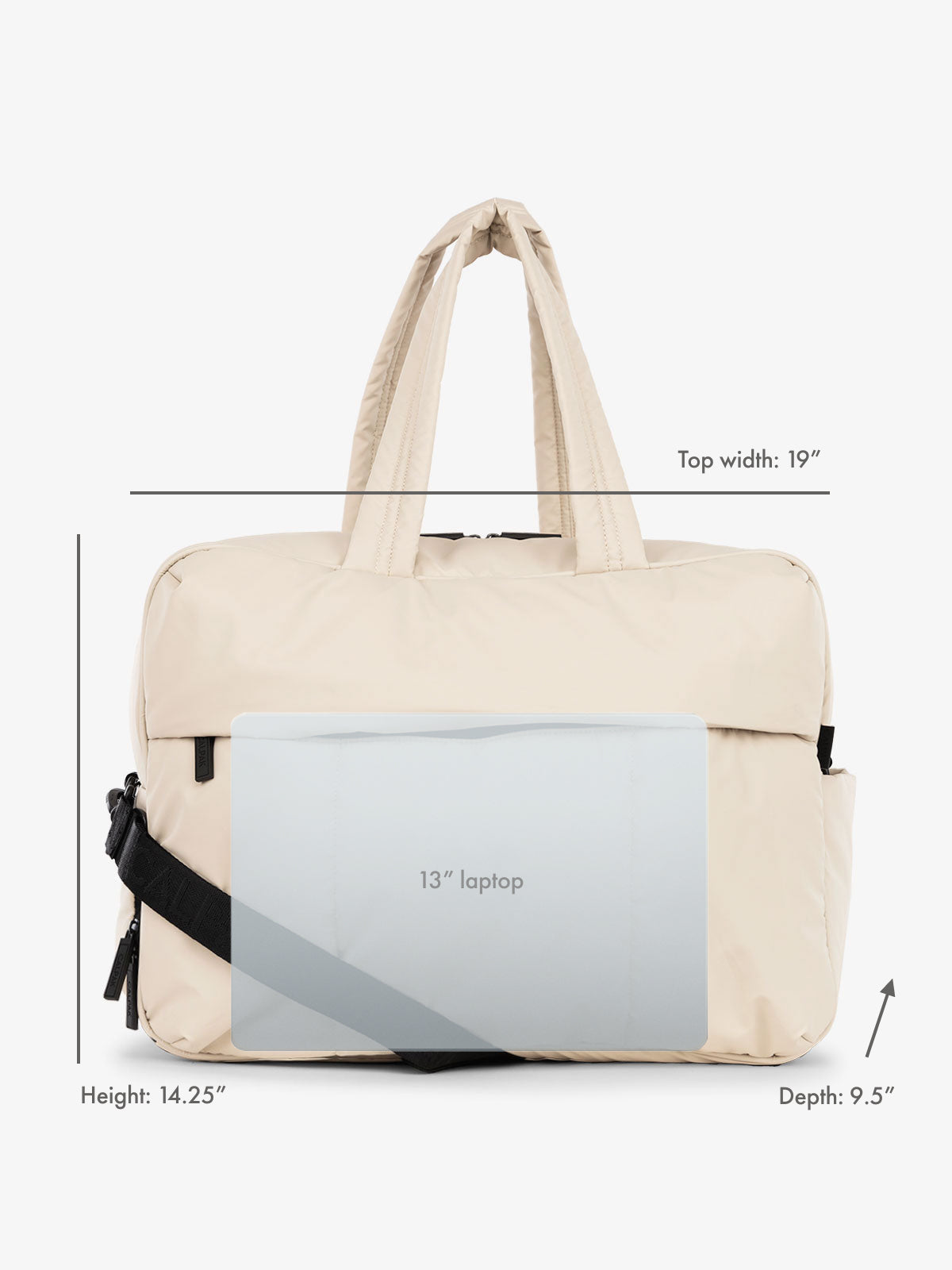 13" laptop overlay for size reference on CALPAK Luka Large Duffel in beige oatmeal; DLL2201-OATMEAL