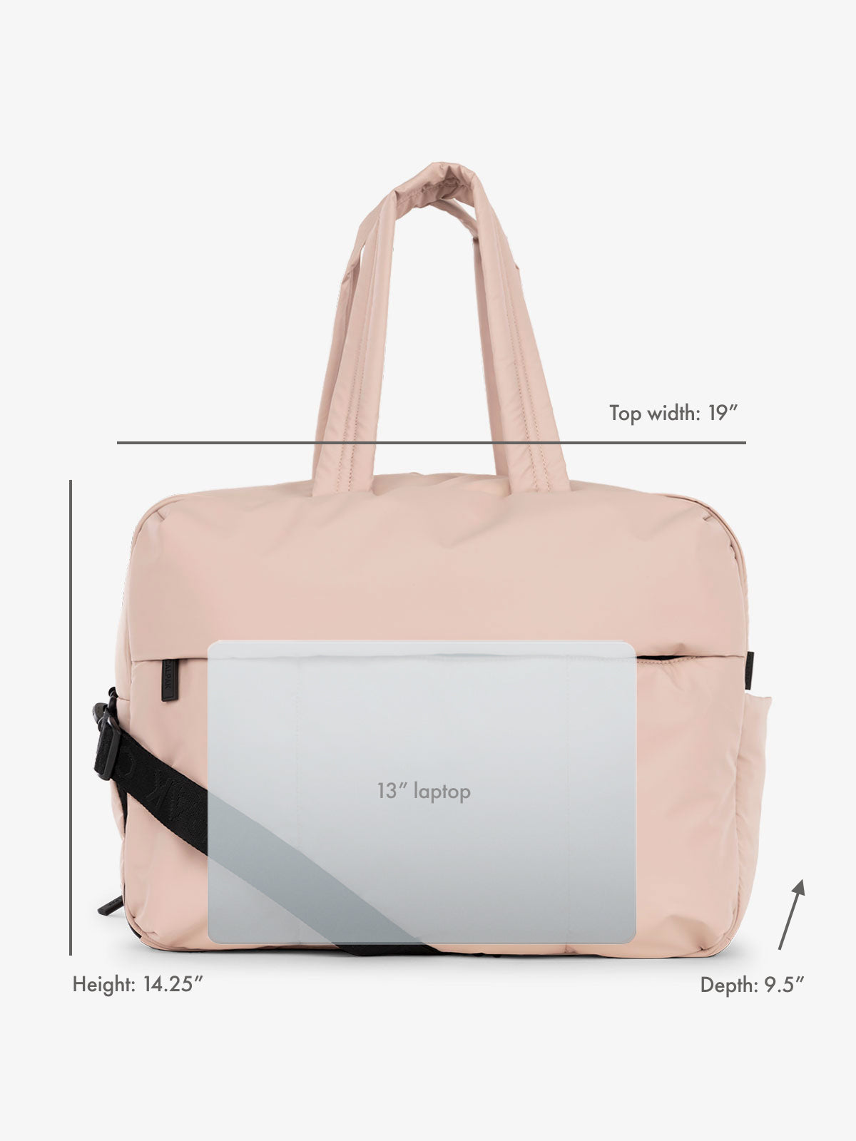 13" laptop overlay for size reference on CALPAK Luka Large Duffel in rose quartz; DLL2201-ROSE-QUARTZ 
