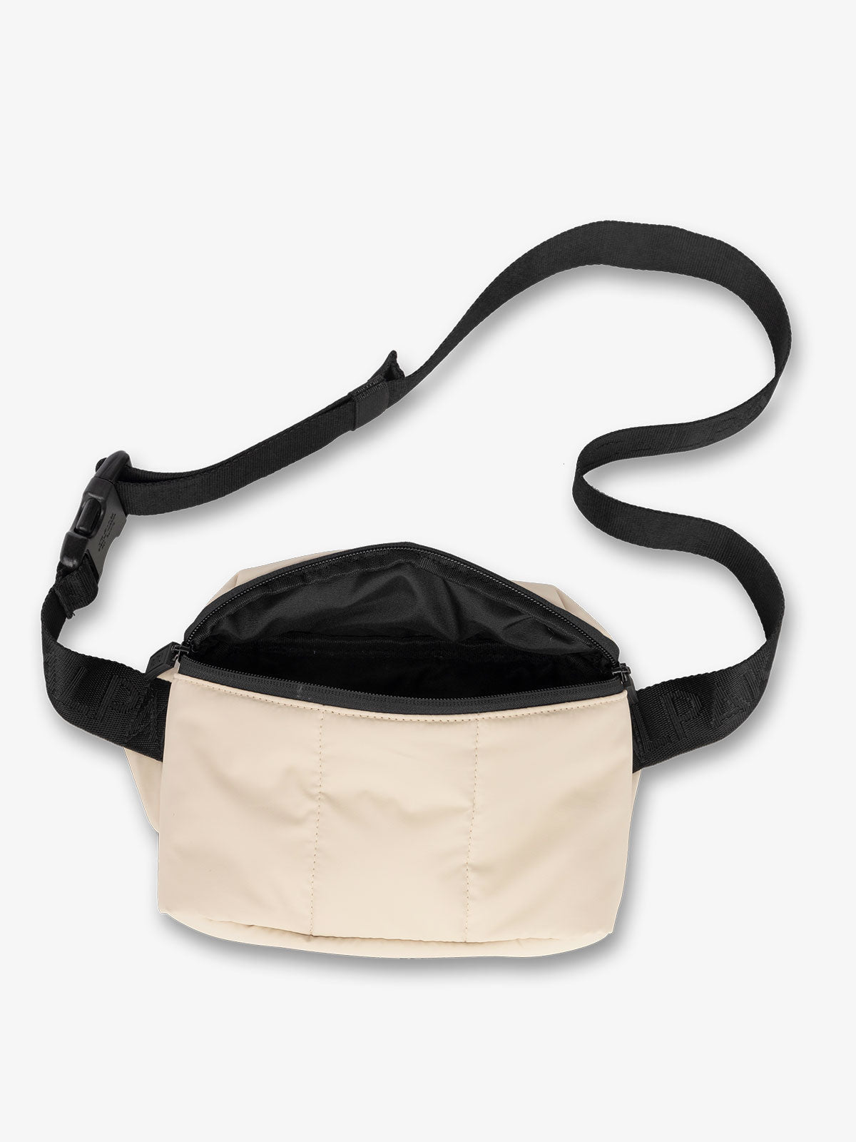 CALPAK Luka mini crossbody fanny pack with soft water-resistant exterior and adjustable strap in oatmeal; BBM2201-OATMEAL