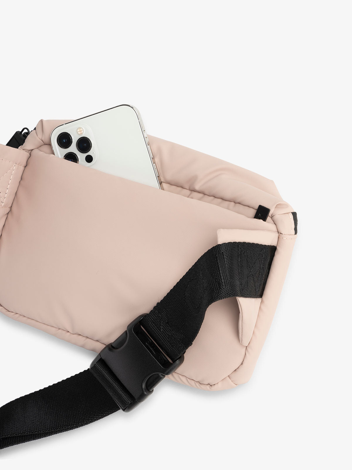 CALPAK Luka everyday small Belt Bag with adjustable strap and hidden back pocket in light pink; BBM2201-ROSE-QUARTZ
