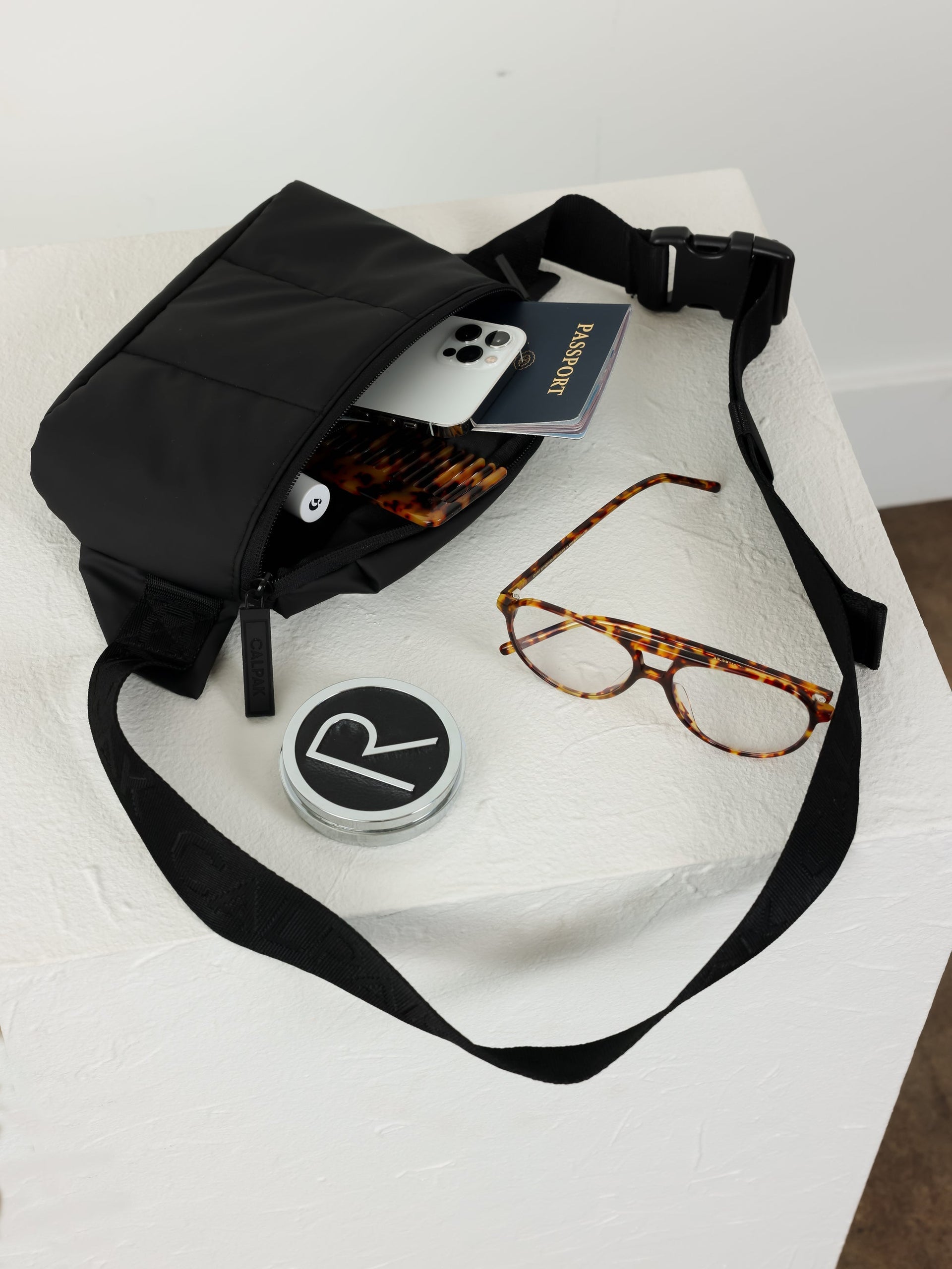 CALPAK Luka small fanny pack for travel in black; BBM2201-MATTE-BLACK