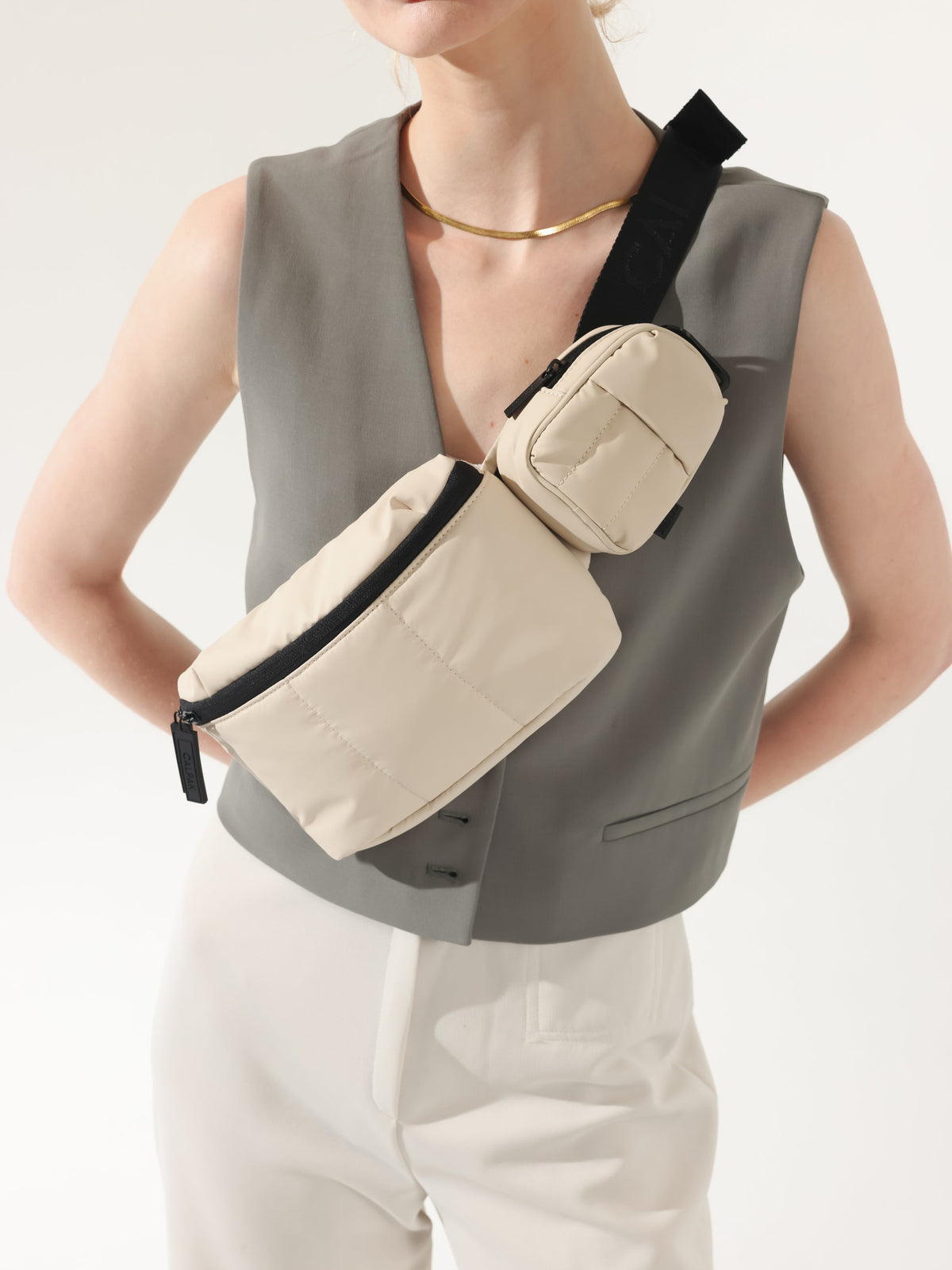 CALPAK Luka small fanny pack for women in cream; BBM2201-OATMEAL