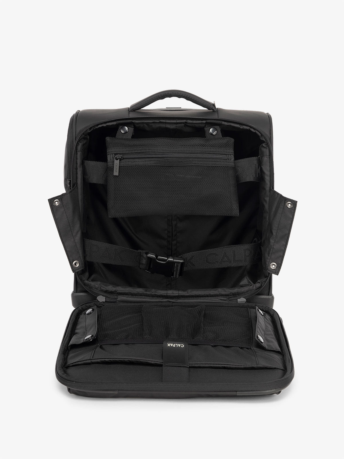 CALPAK Luka mini soft sided carry-on suitcase with laptop compartment and multiple interior pockets in black; LSM1014-MATTE-BLACK