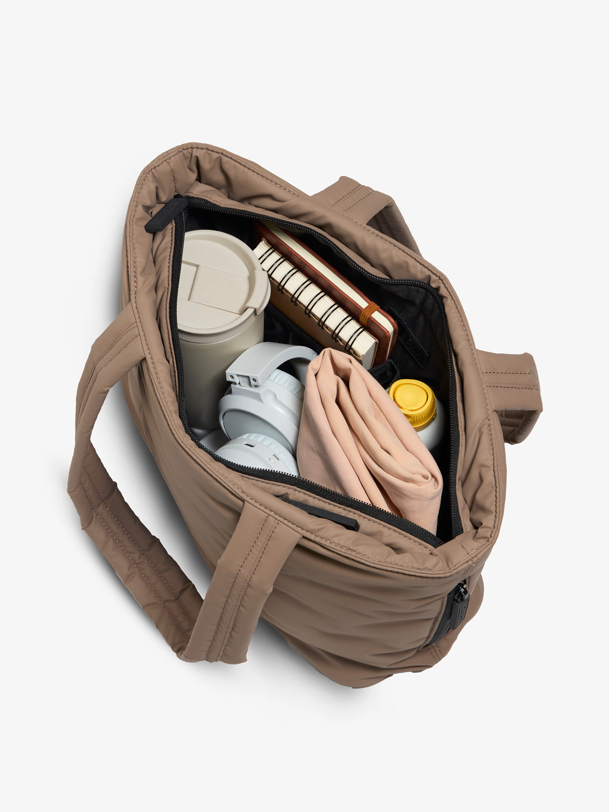 CALPAK luka mini tote with multiple interior pockets and water-resistant lining in chocolate brown; ALM2401-CHOCOLATE