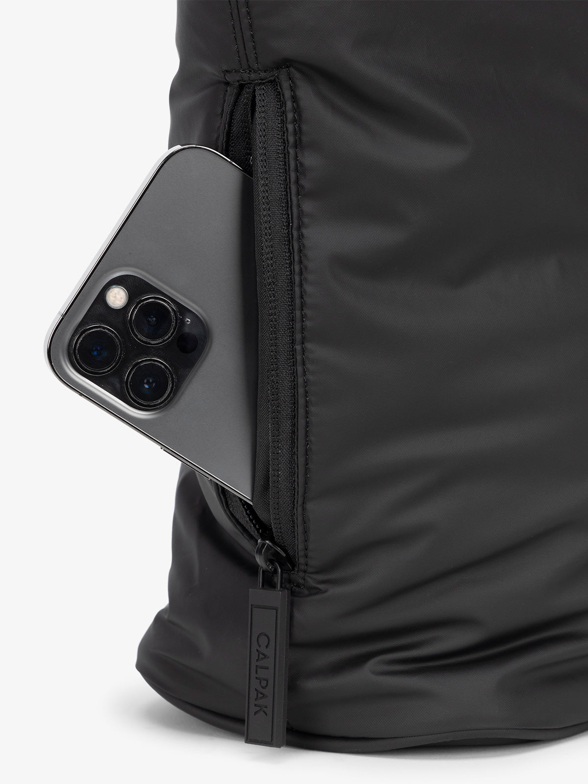 Black CALPAK Mini Tote with 2 exterior phone pockets; ALM2401-MATTE-BLACK
