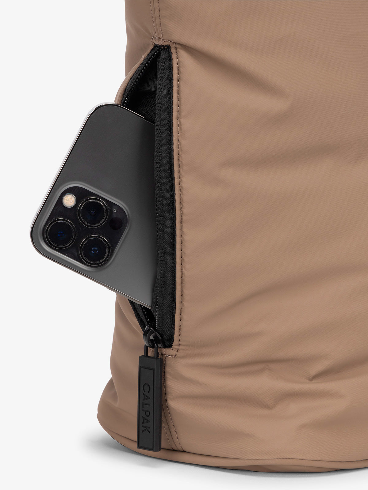 Brown chocolate CALPAK Mini Tote with 2 exterior phone pockets; ALM2401-CHOCOLATE