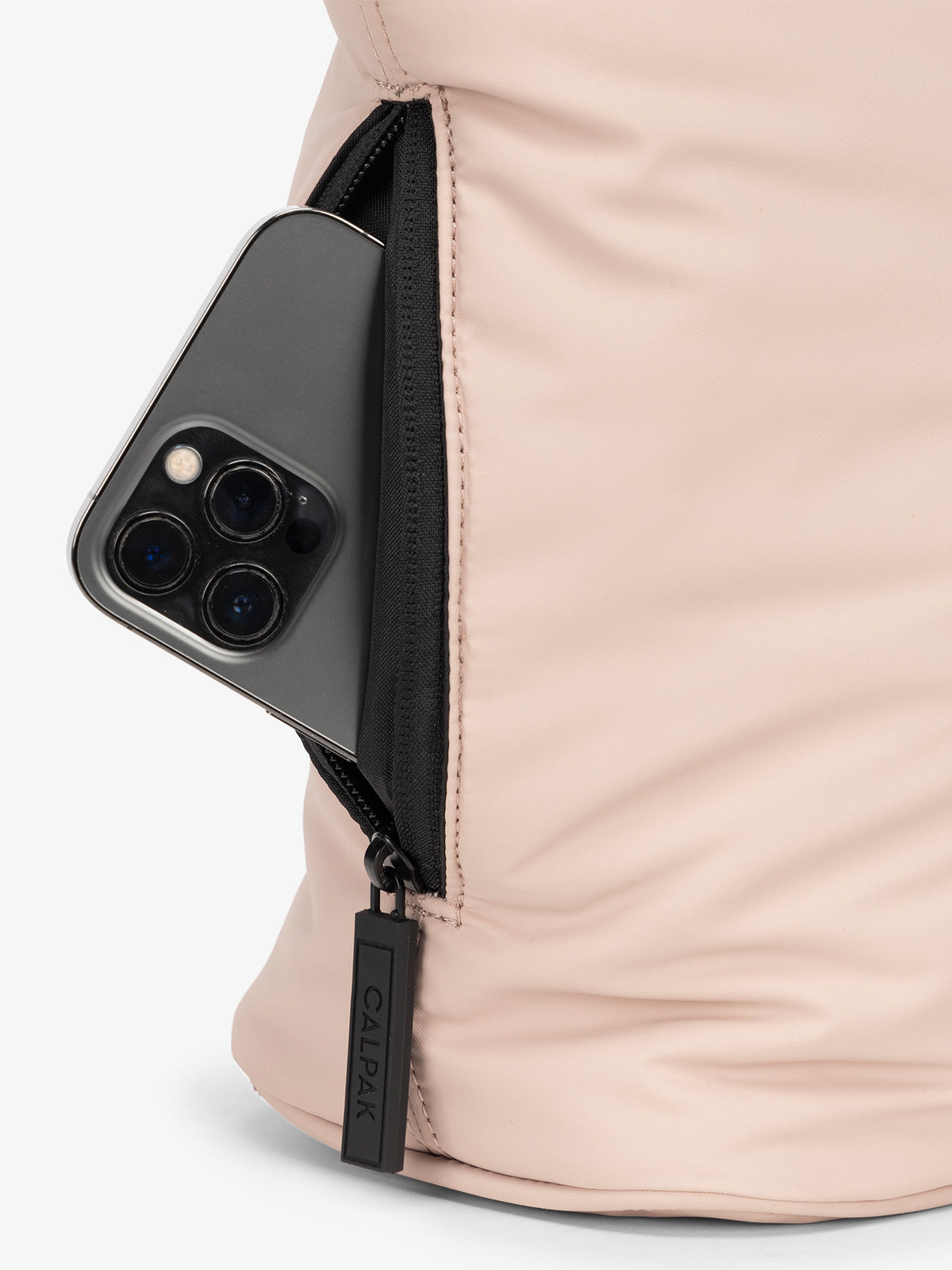 Rose quartz pink CALPAK Mini Tote with 2 exterior phone pockets; ALM2401-ROSE-QUARTZ