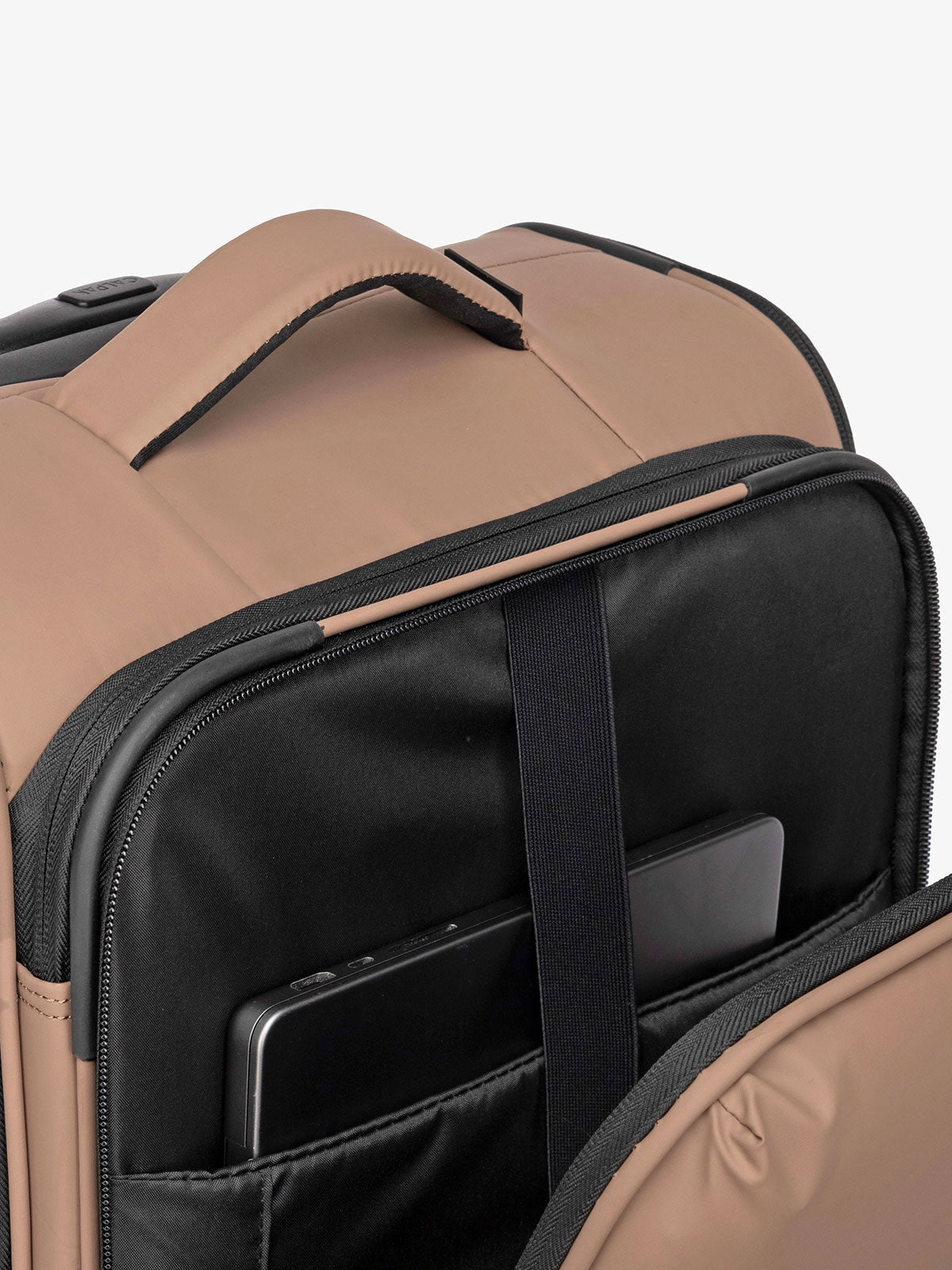 CALPAK Luka soft sided carry on luggage with top handle and padded laptop compartment in chocolate; LSM1020-CHOCOLATE