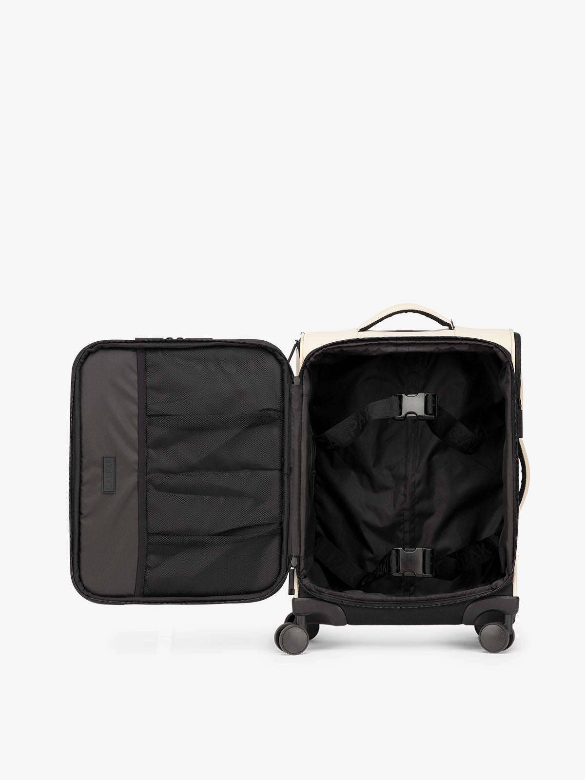 CALPAK Luka soft sided carry on luggage interior with multiple pockets and compression straps in chocolate cream; LSM1020-OATMEAL