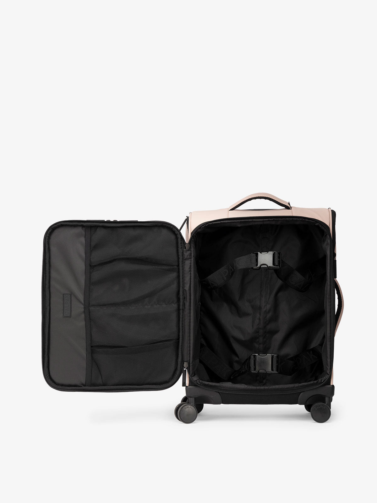 CALPAK Luka soft sided carry on luggage interior with multiple pockets and compression straps in chocolate pink; LSM1020-ROSE-QUARTZ