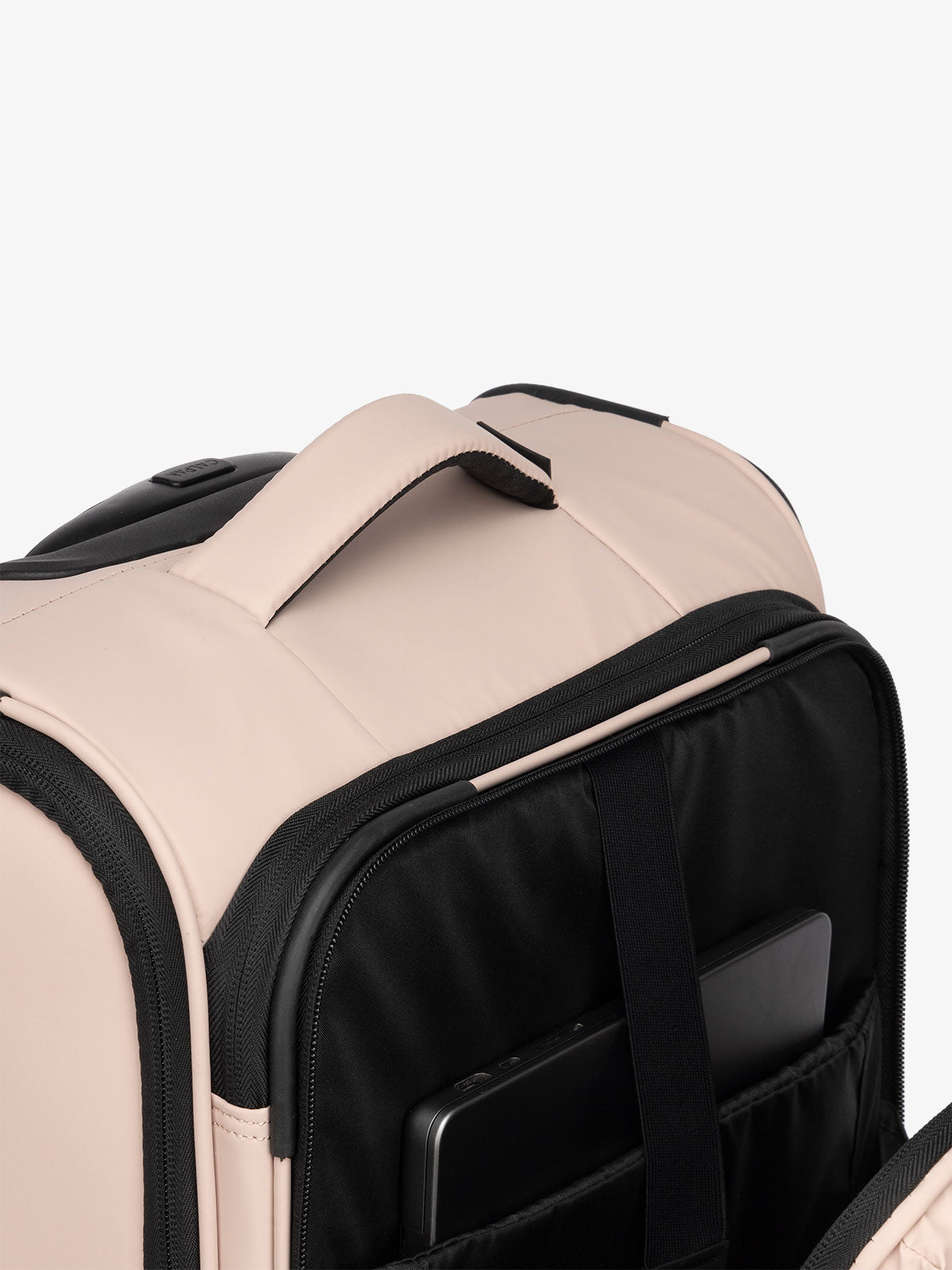 CALPAK Luka soft sided carry on luggage with top handle and padded laptop compartment in rose quartz; LSM1020-ROSE-QUARTZ