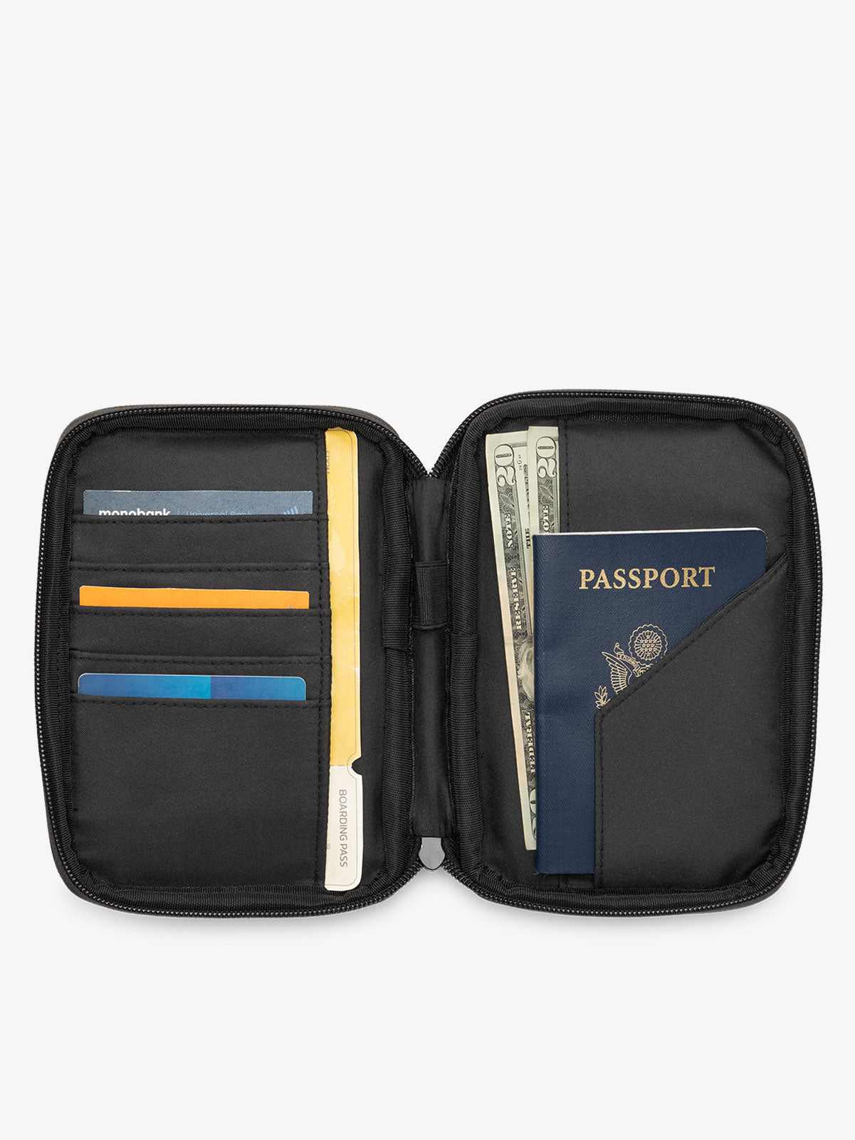 Interior close up of CALPAK Luka Zippered Passport Wallet featuring card slots, passport slip pocket, and pen loops in chocolate; PZW2301-CHOCOLATE