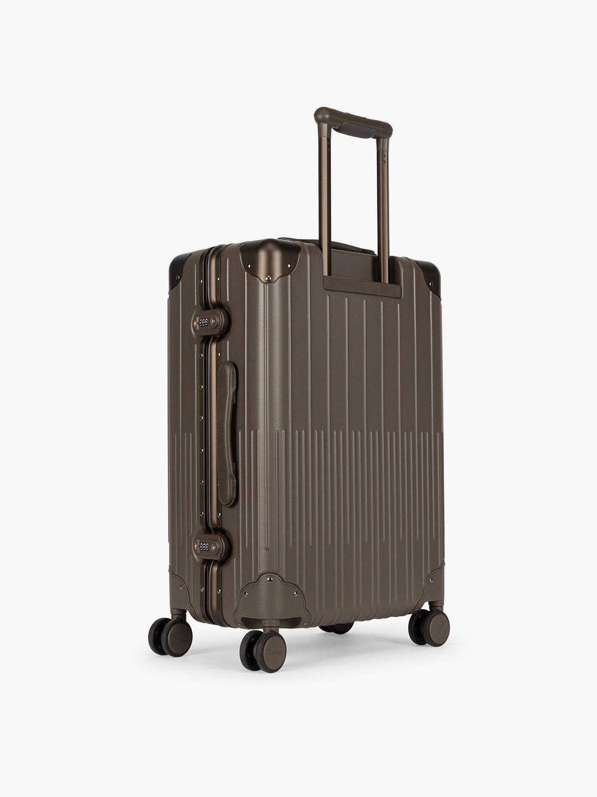 Backside of CALPAK Vault luggage brown Mushroom hard-shell spinner suitcase with a ribbed vertical design, shown from the front against a clean white background; LVT1024-MUSHROOM