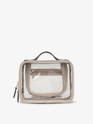 CALPAK Medium clear makeup bag with zippered compartments in stone; CMM2201-STONE