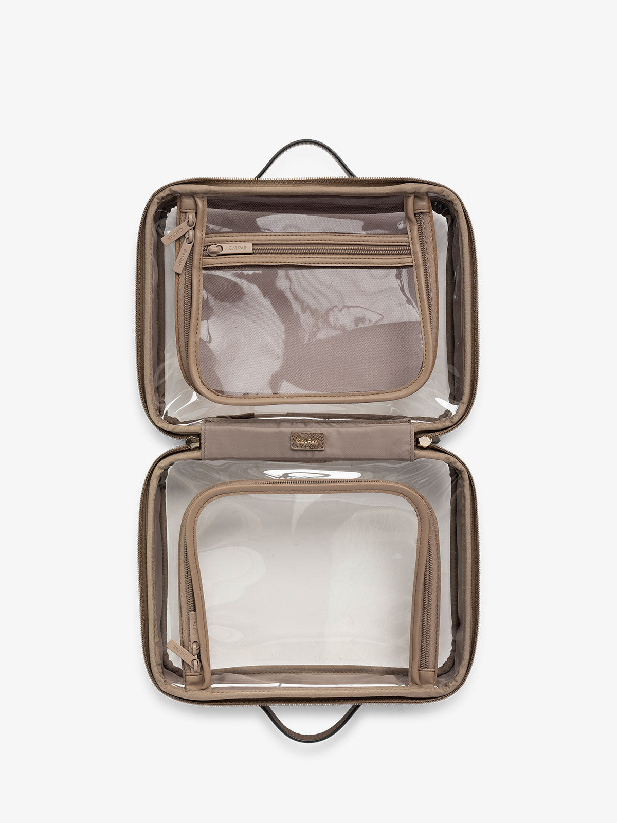 CALPAK clear travel makeup bag with zipper enclosed compartments in brown; CMM2201-MOCHA