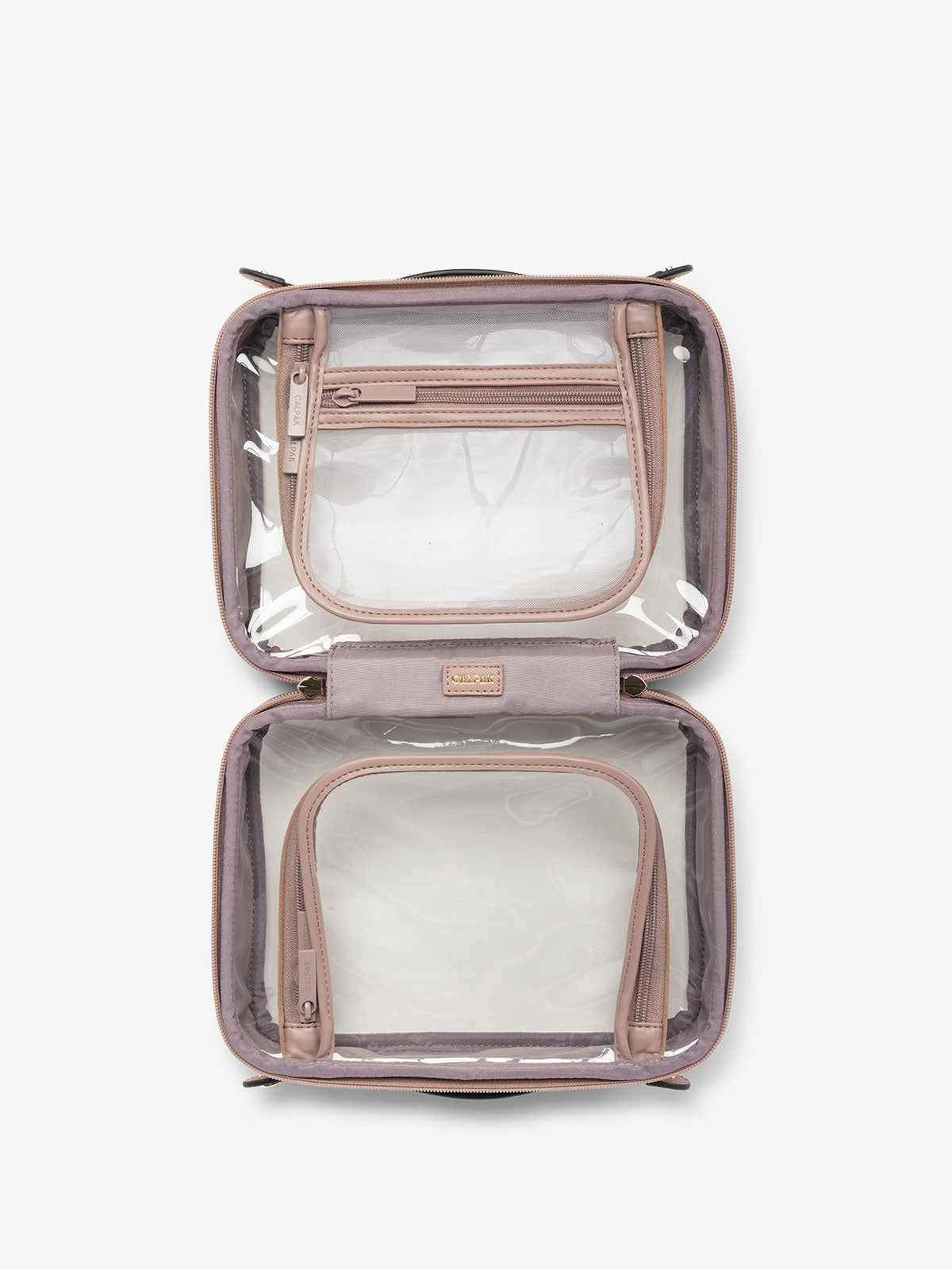 CALPAK medium clear skincare bag with multiple zippered compartments in pink; CMM2201-MAUVE