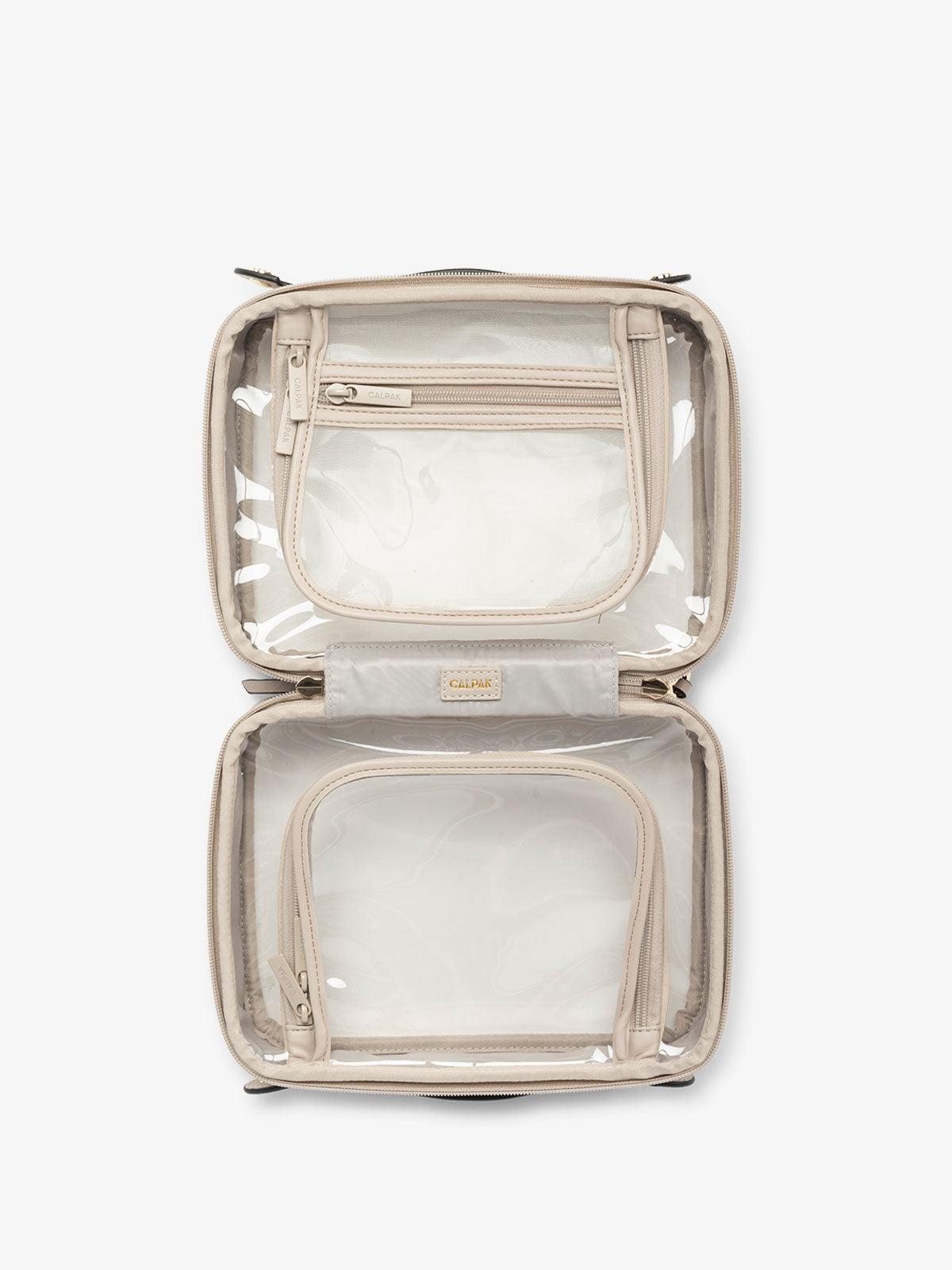 CALPAK medium clear skincare bag with multiple zippered compartments in stone white; CMM2201-STONE