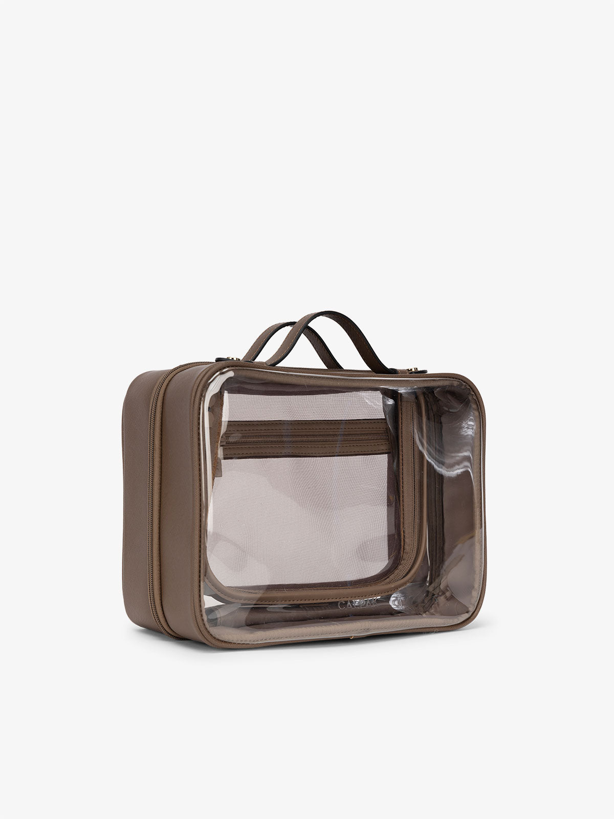 CALPAK clear makeup bag with top handles in mocha; CMM2201-MOCHA