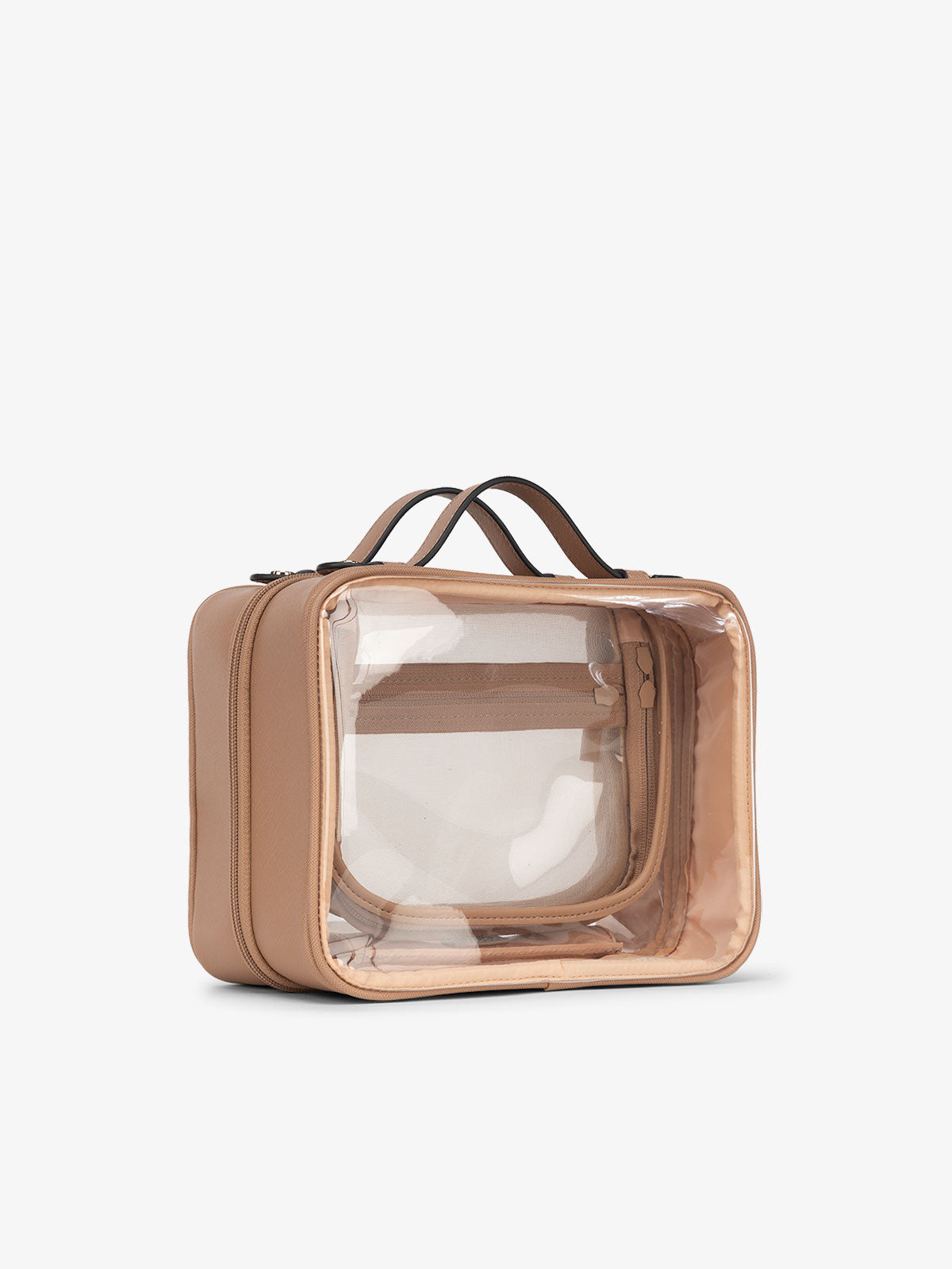 CALPAK medium clear cosmetics case with sturdy handles for travel in caramel; CMM2201-CARAMEL