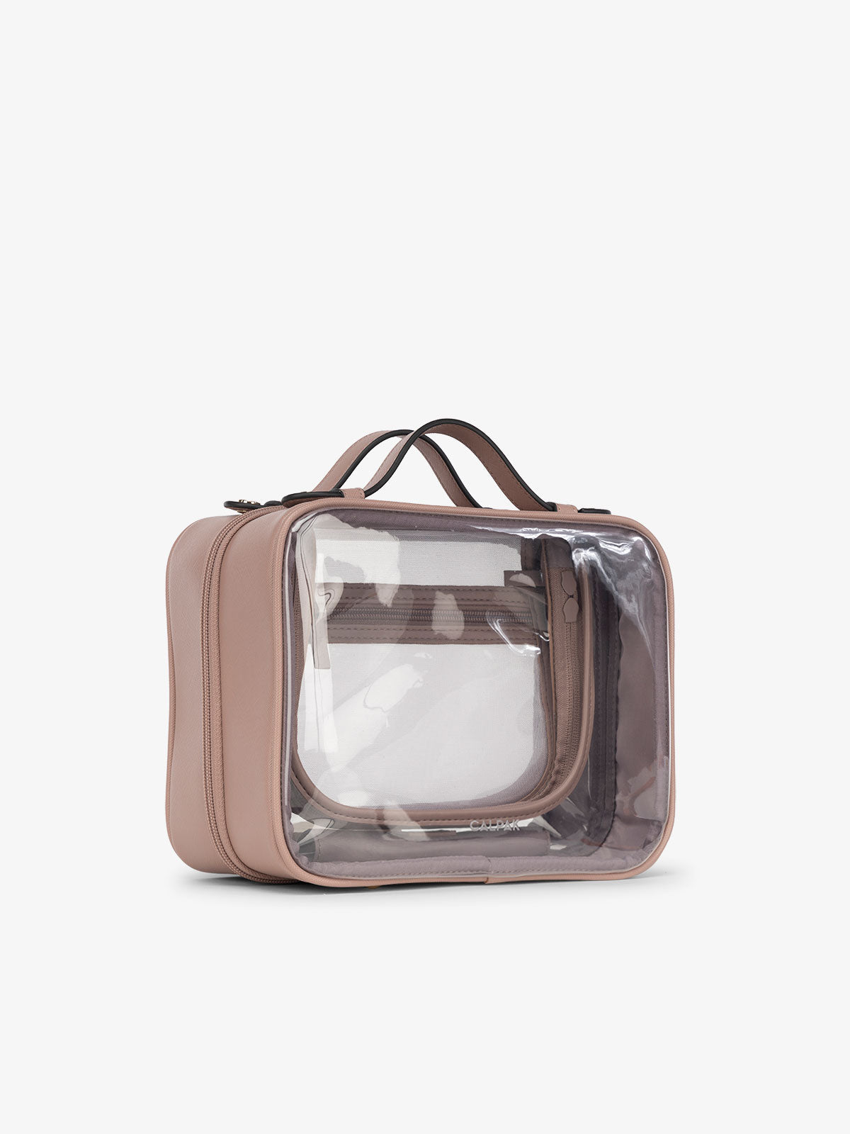 CALPAK medium clear cosmetics case with sturdy handles and zippered compartments for travel in mauve; CMM2201-MAUVE