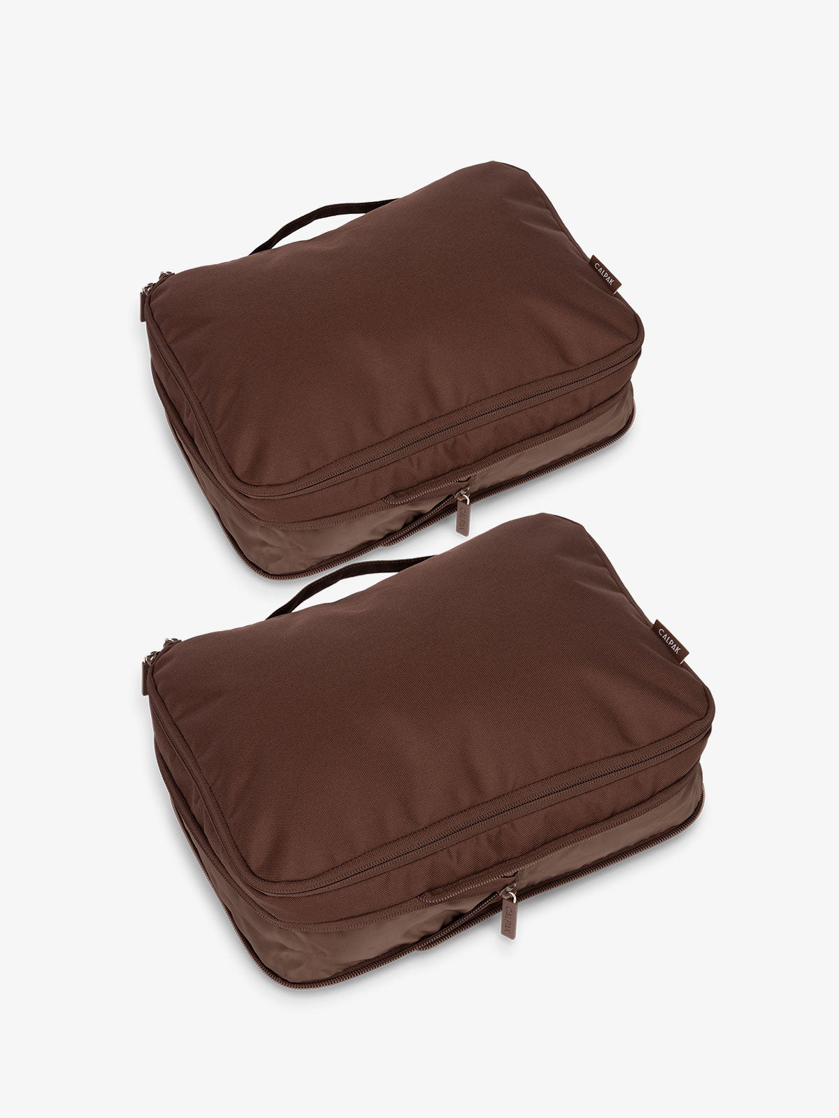 CALPAK compression packing cubes with top handles in dark brown walnut; PCC2201-WALNUT
