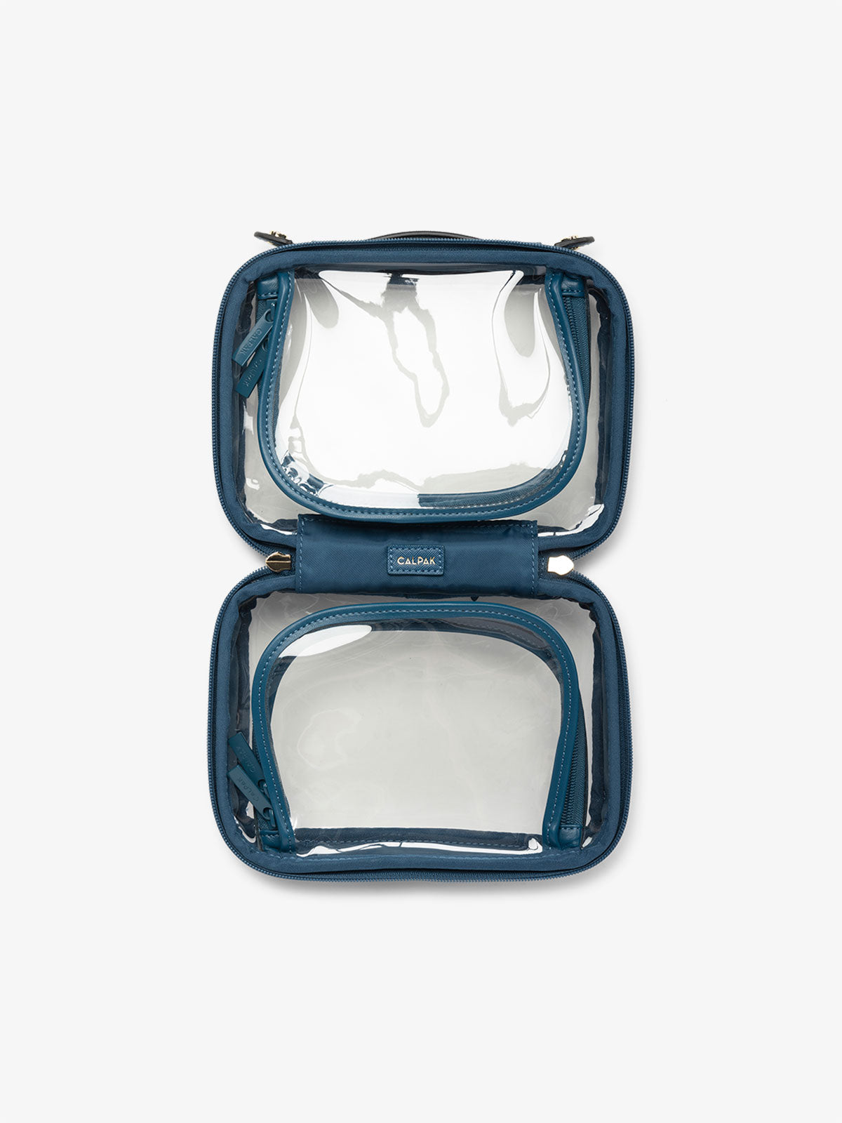 CALPAK small clear skincare bag with multiple zippered compartments in deep sea; CCM2001-DEEP-SEA