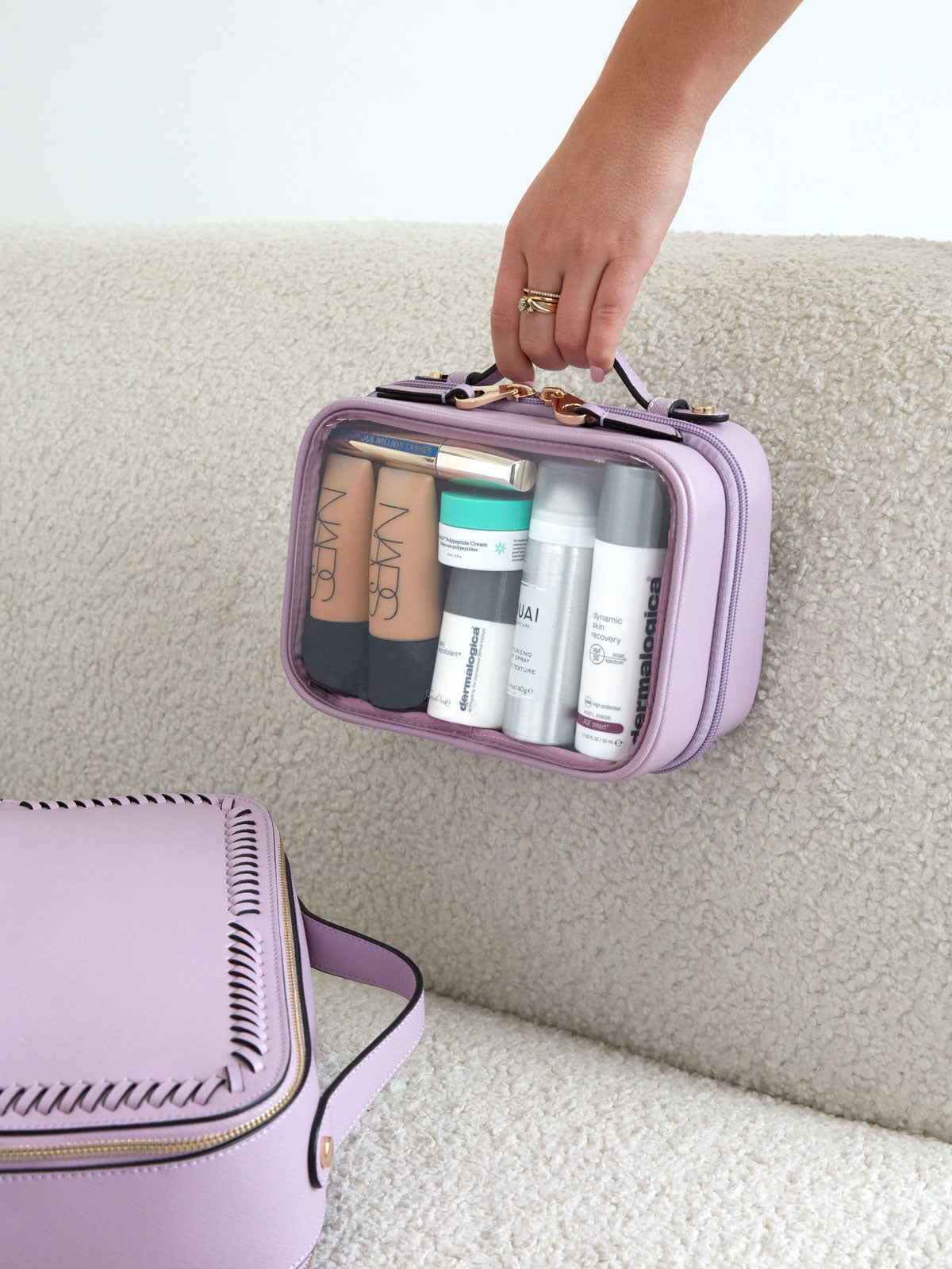 small clear cosmetics case with handle in lavender purple; CCM2001-LAVENDER