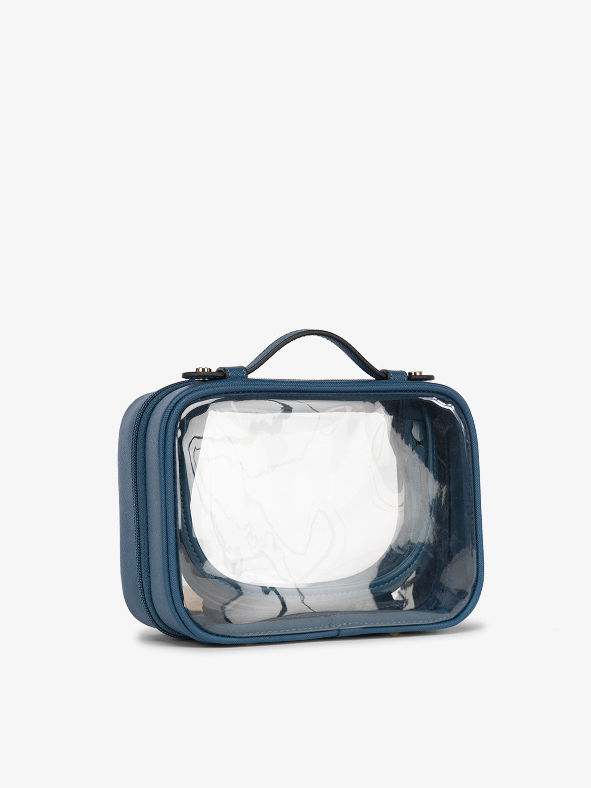 CALPAK small water resistant clear cosmetics case with sturdy handles in dark blue; CCM2001-DEEP-SEA
